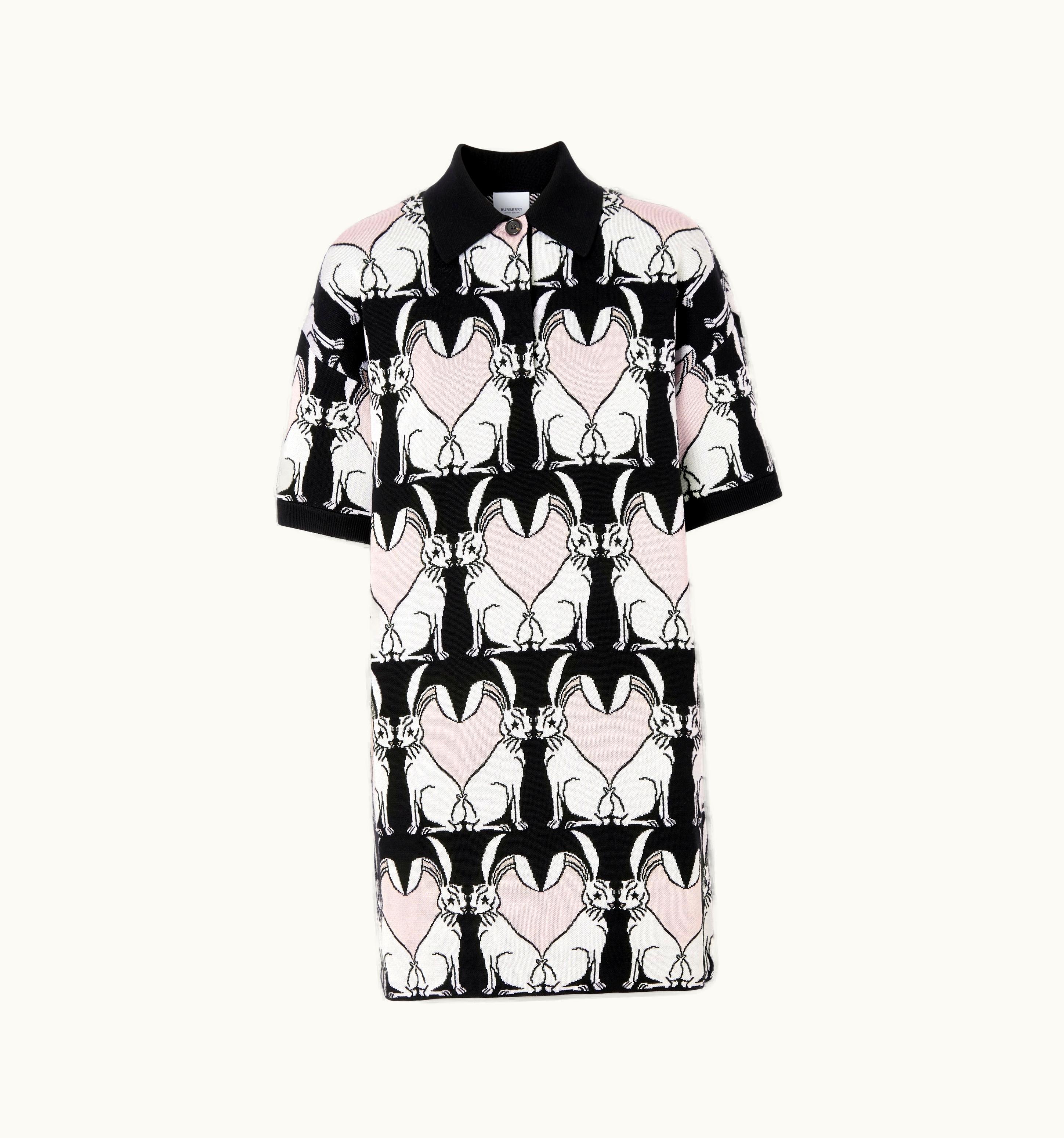 Burberry Burberry Rabbit Motif Wool Blend Jacquard Polo Shirt Dress In Black - Women