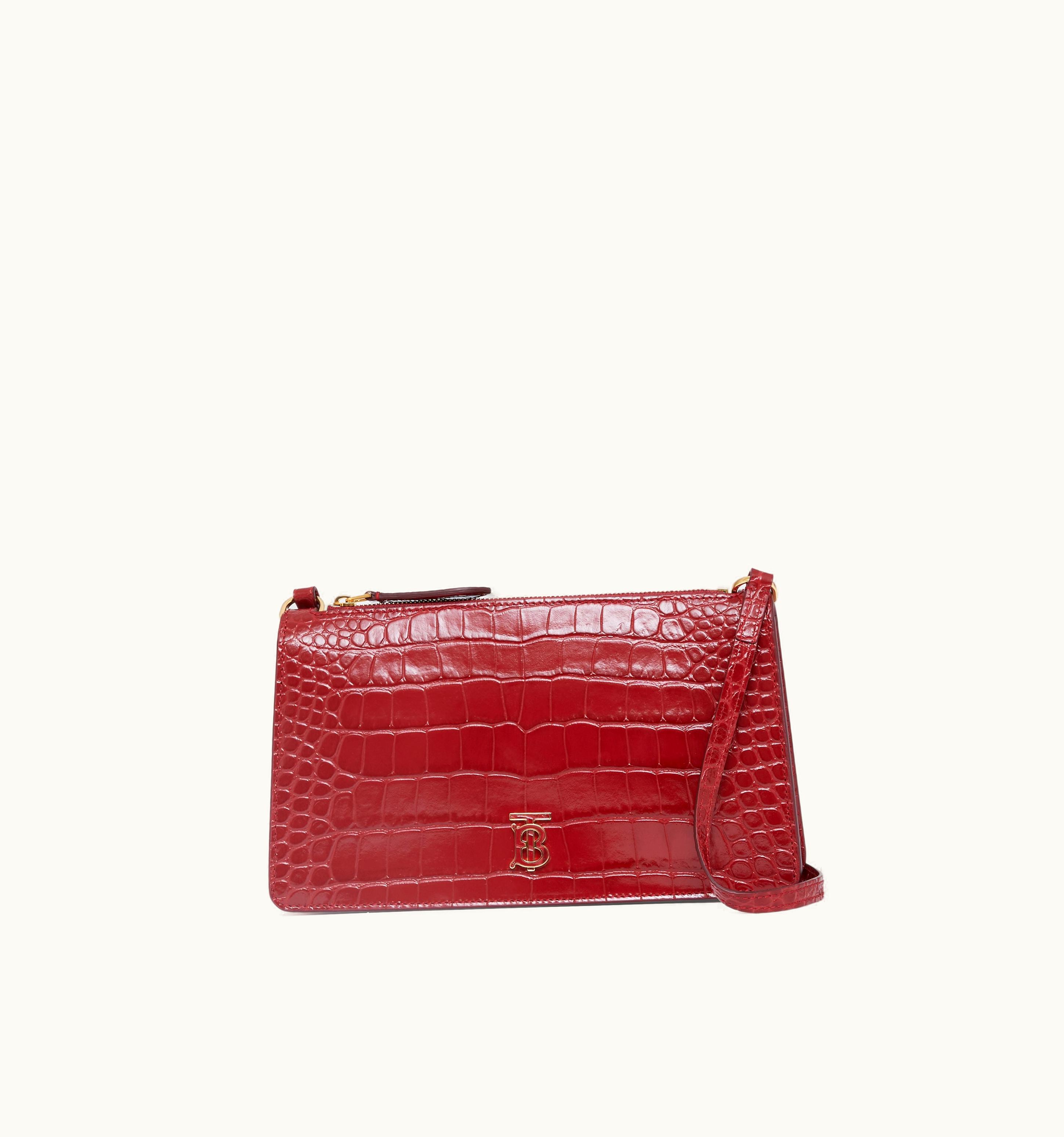 Burberry Burberry Embossed Leather Mini Tb Shoulder Pouch In Dark Carmine - Women