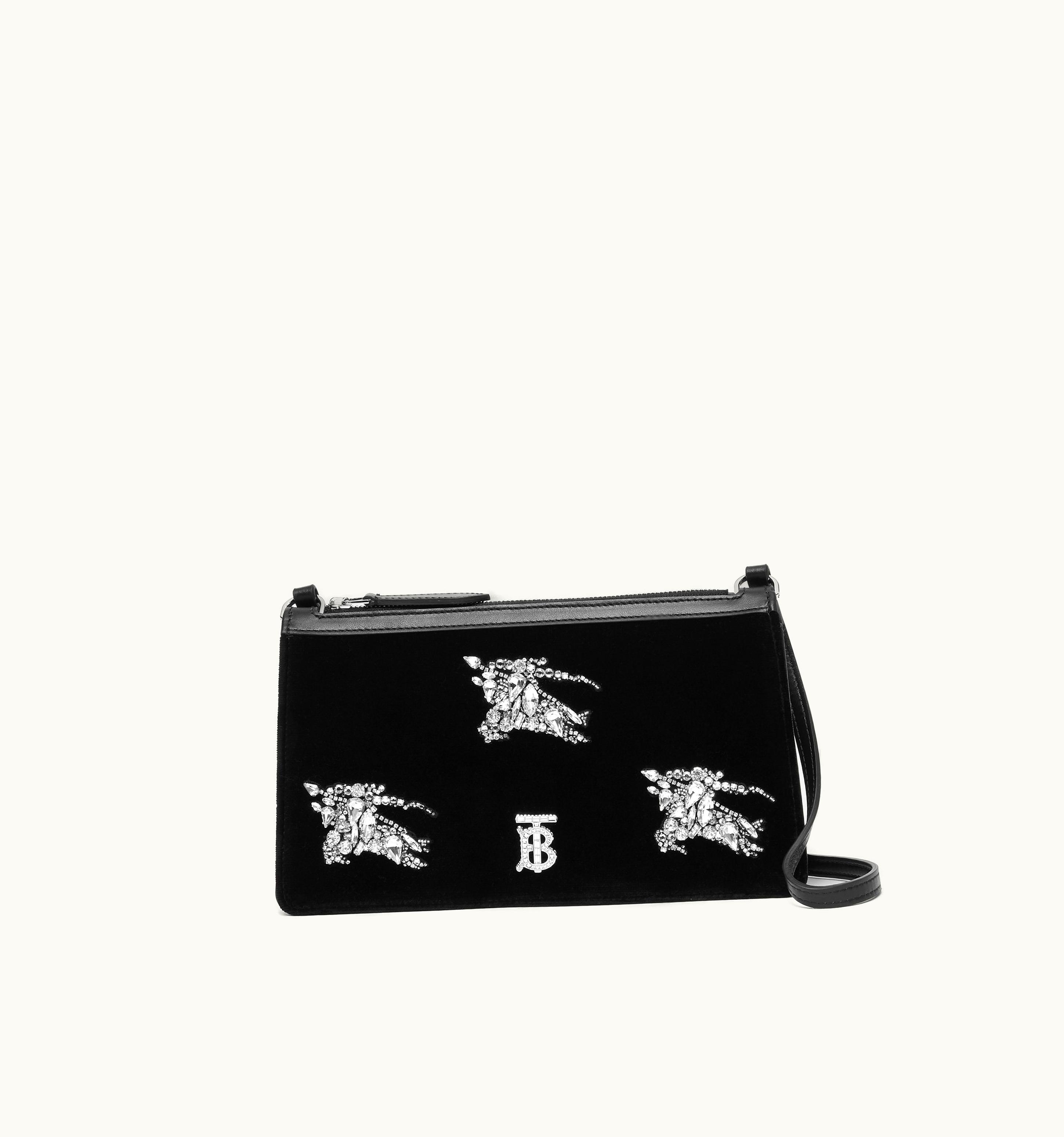 Burberry Burberry Crystal Ekd Velvet Mini Tb Shoulder Pouch In Black - Women