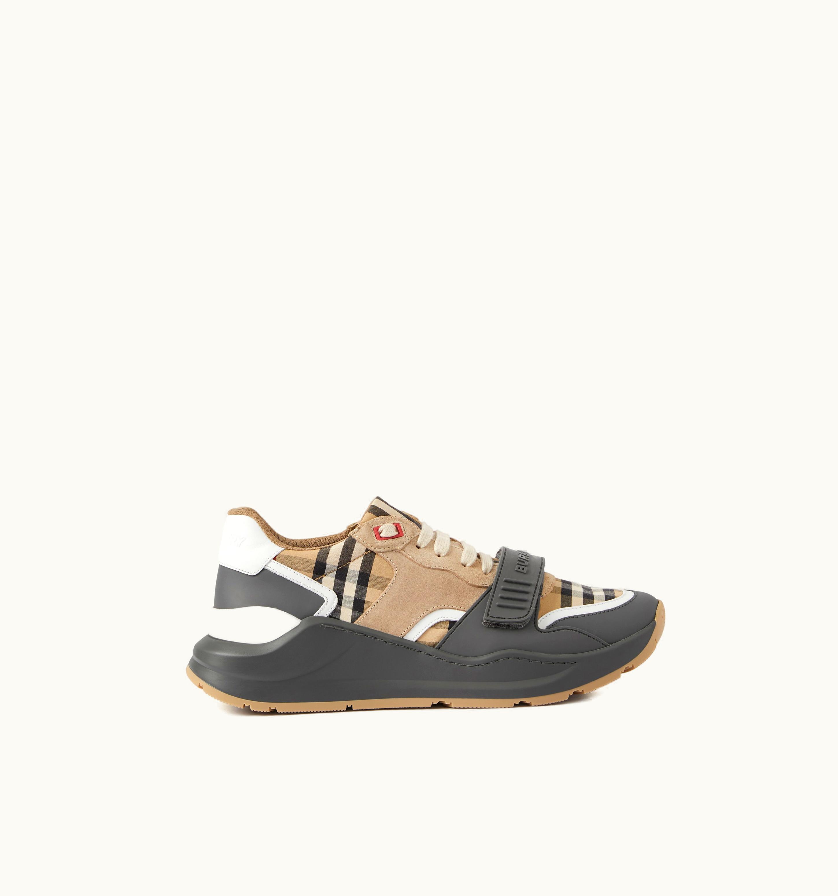 Burberry Burberry Vintage Check, Suede And Leather Sneakers In Grey/Archive Beige - Women