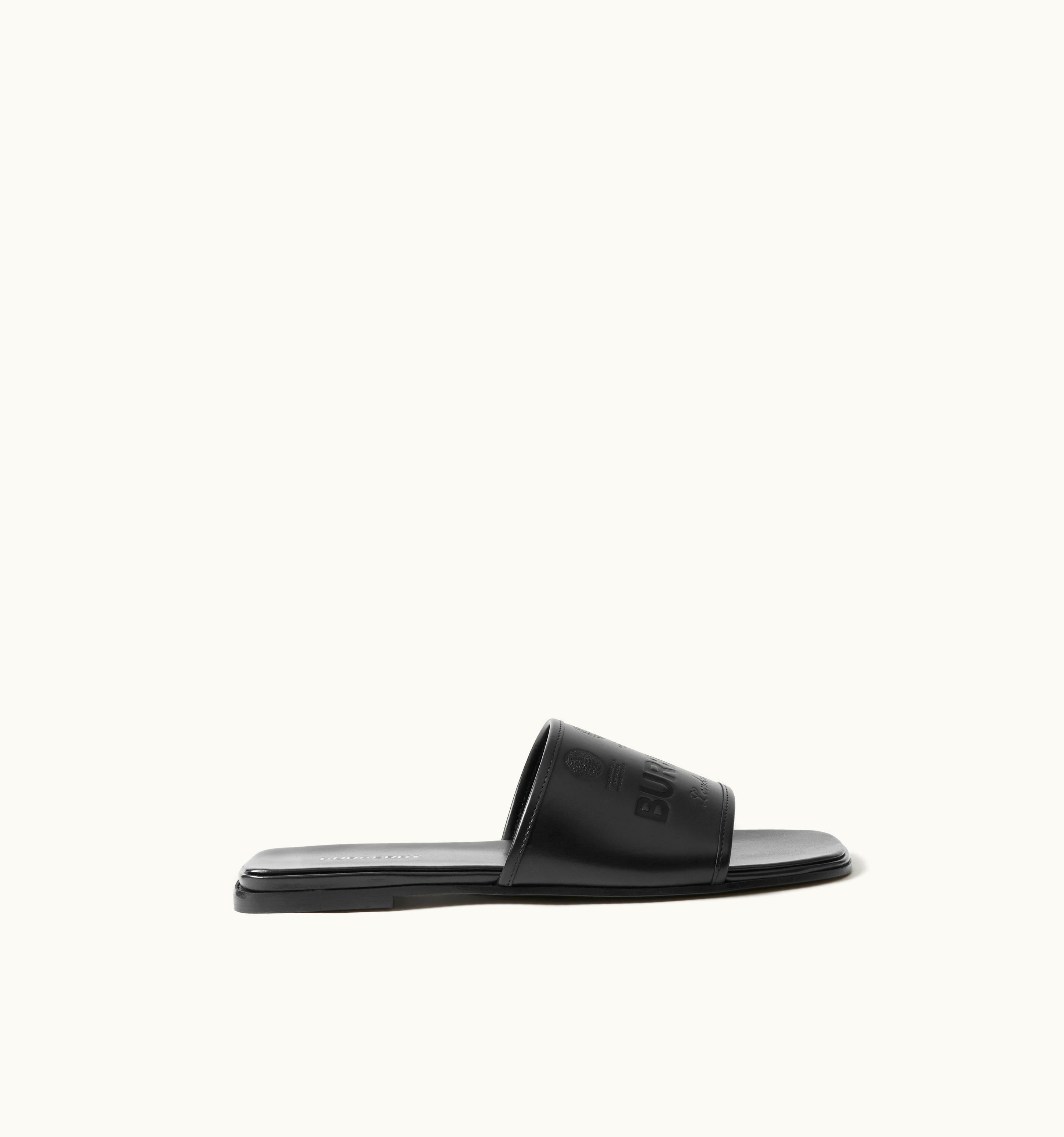Burberry Burberry Label Embossed Leather Slides In Black - Women