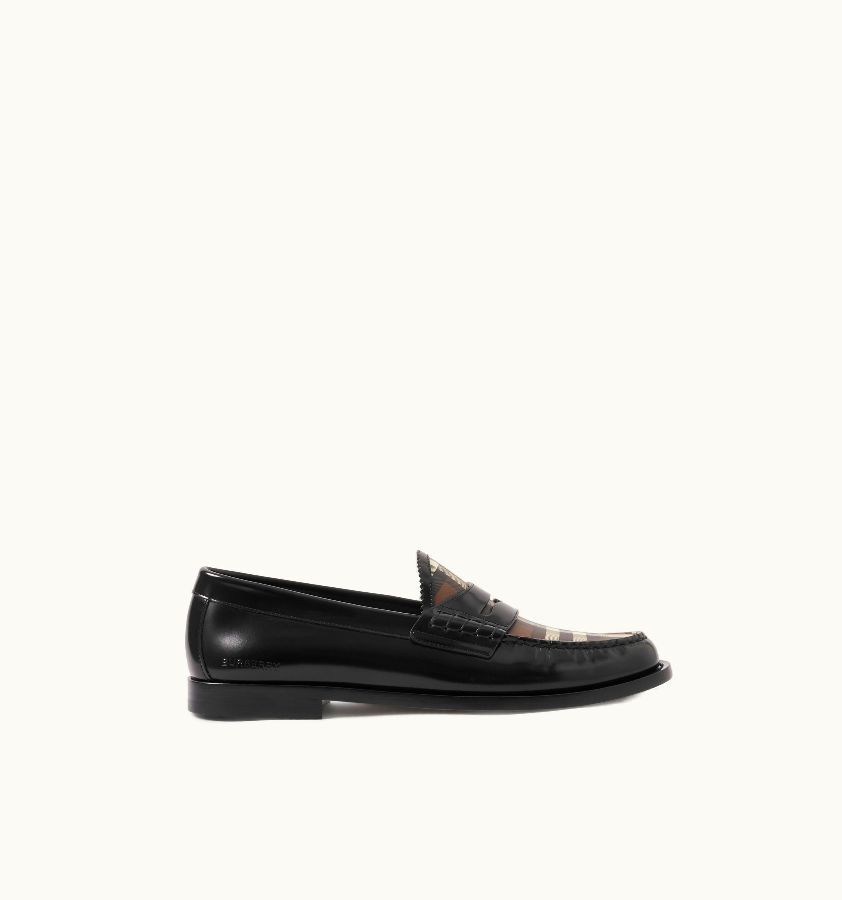 Burberry Burberry Check Panel Leather Penny Loafers In Black - Women