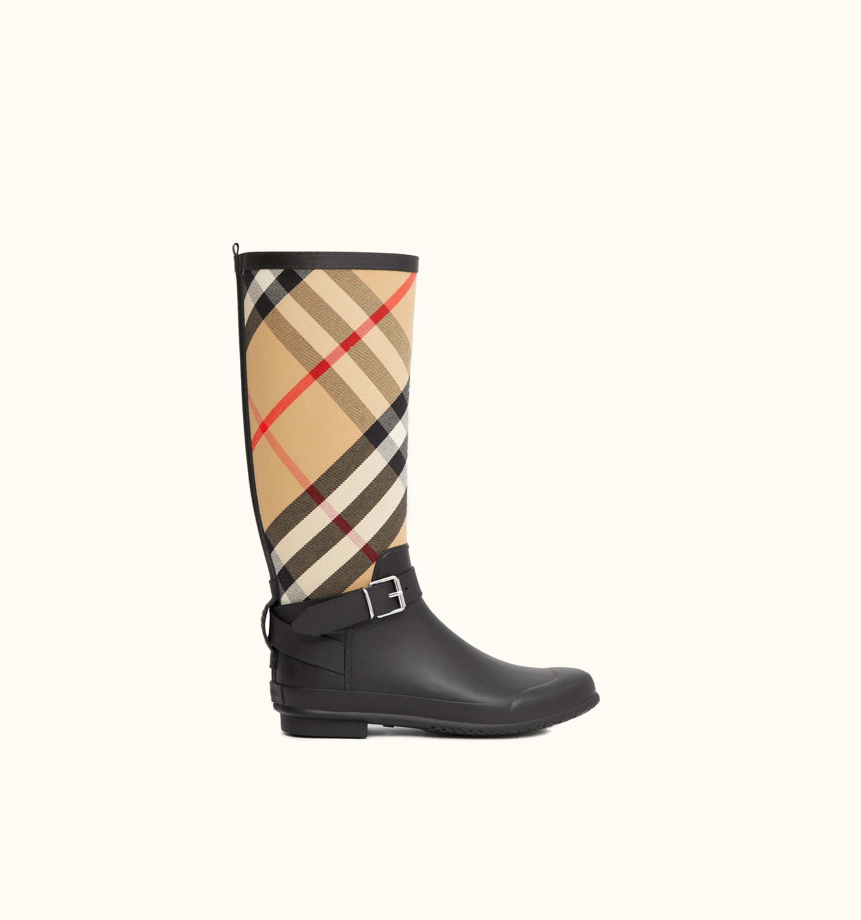 Burberry Burberry Strap Detail House Check And Rubber Rain Boots In Black/Archive Beige - Women