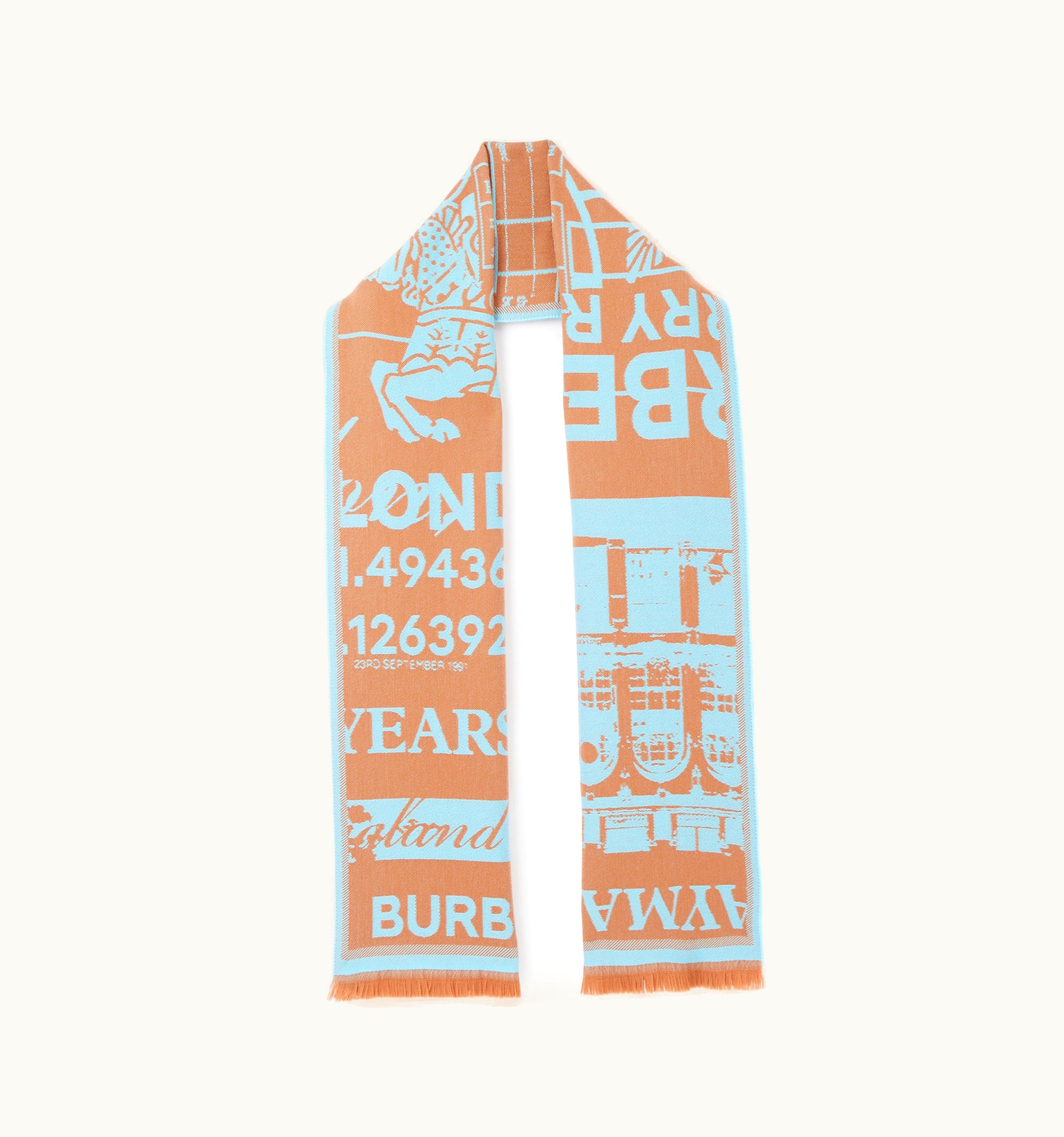 Burberry Burberry Montage Wool Jacquard Scarf In Camel/Foxglove Blue UZ0140485