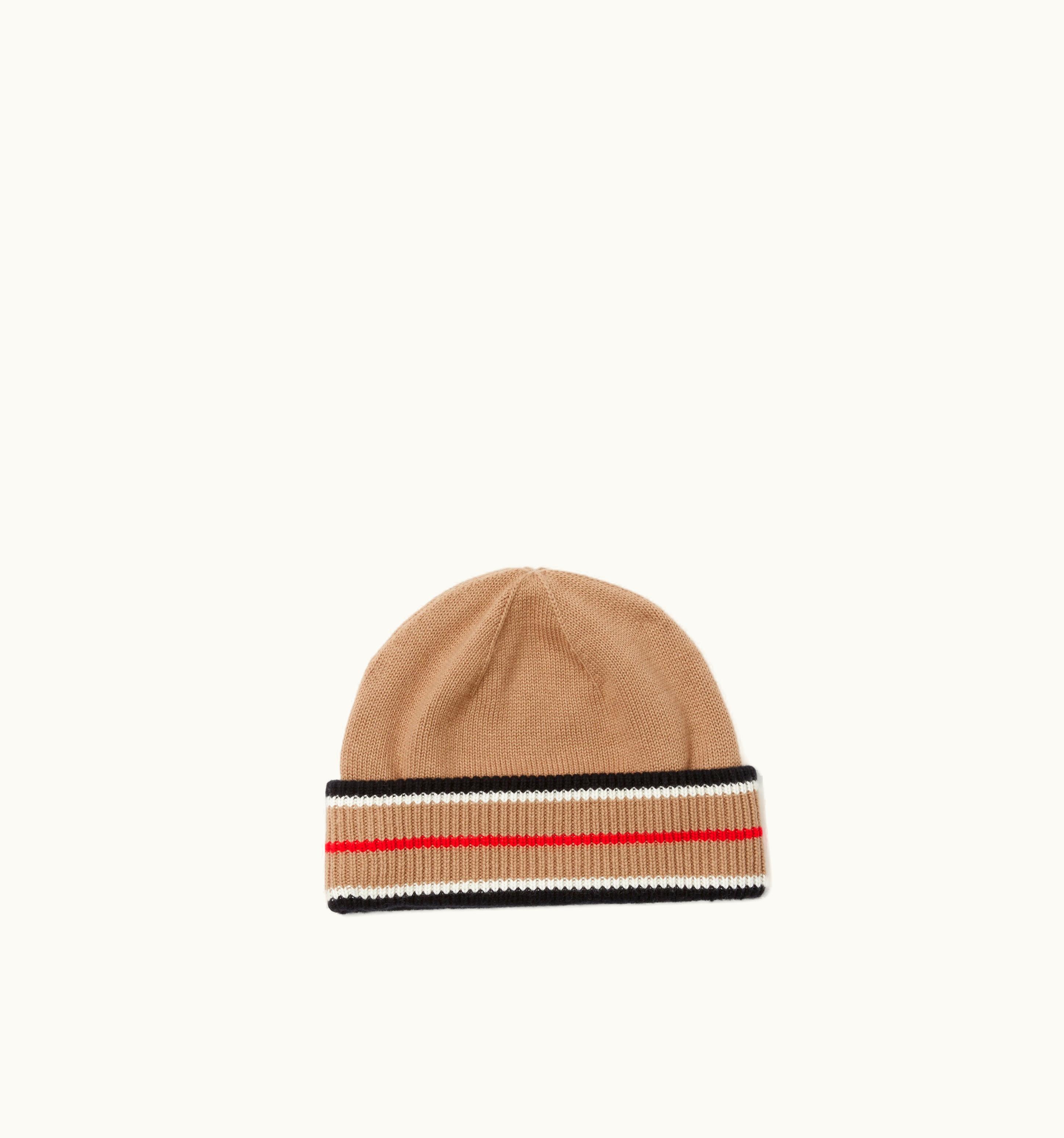 Burberry Burberry Reversible Icon Stripe Cashmere Cotton Beanie In Black/Camel