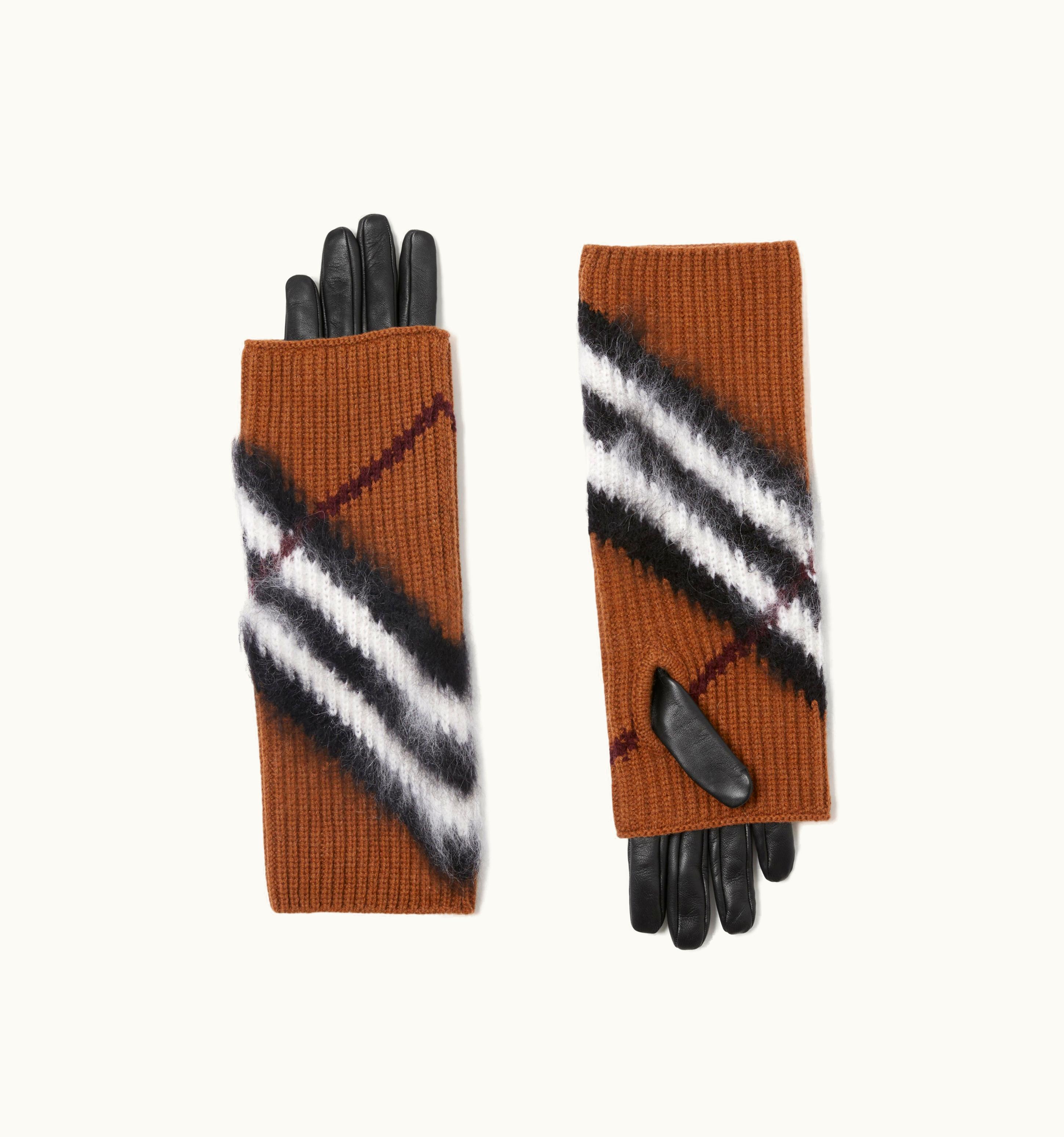 Burberry Burberry Chevron Check Overlay Leather Gloves In Dark Birch Brown