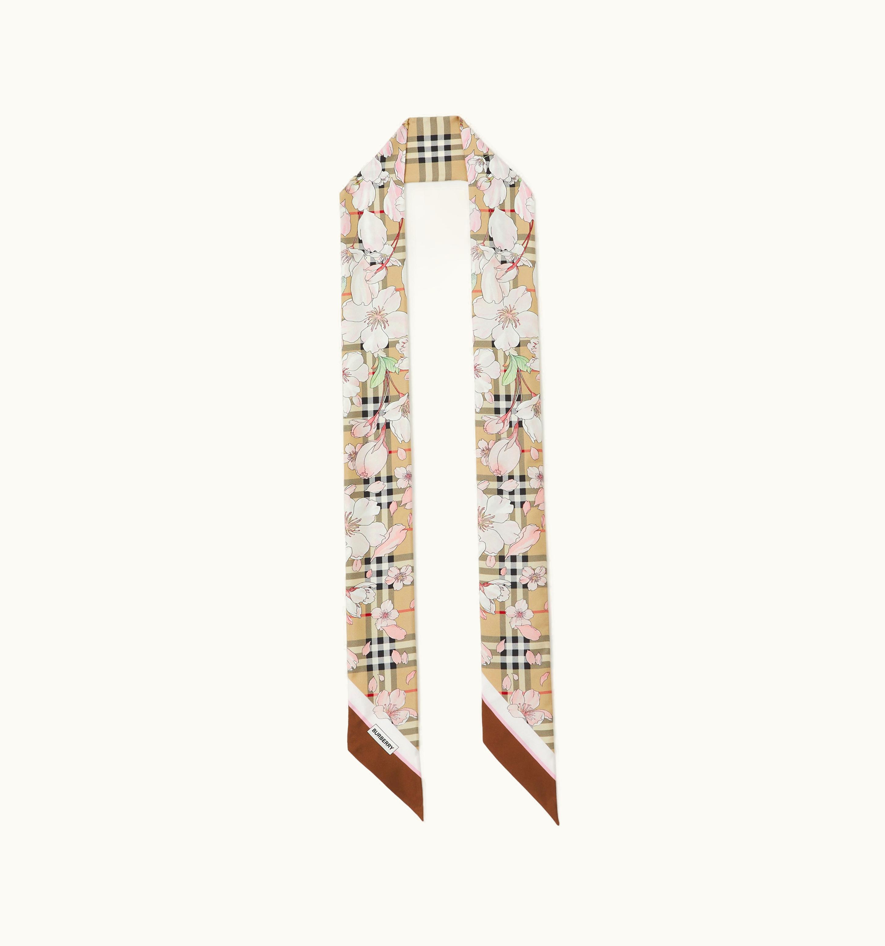 Burberry Burberry Floral Check Print Silk Skinny Scarf In Archive Beige UZ0140724