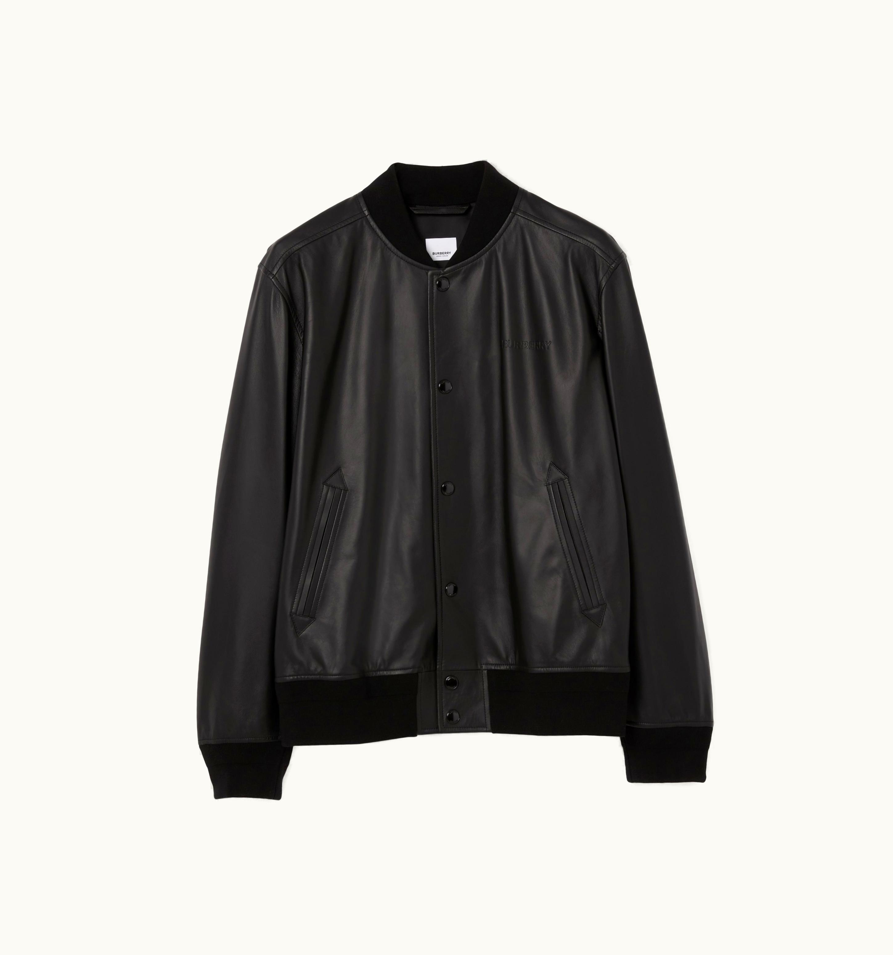 Burberry Burberry Logo Embossed Leather Bomber Jacket In Black - Men