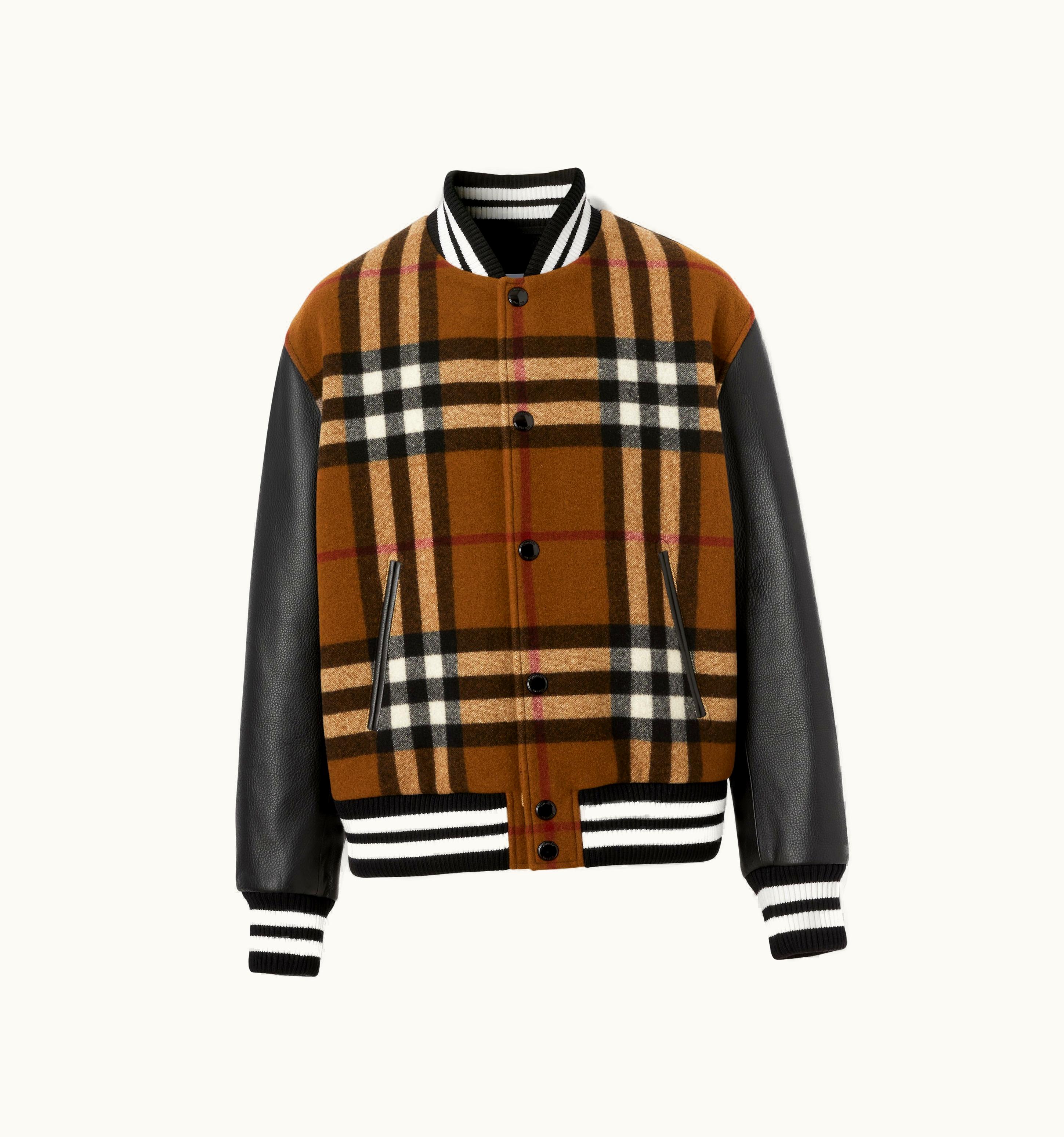 Burberry Burberry Check Technical Wool And Leather Bomber Jacket In Birch Brown - Men