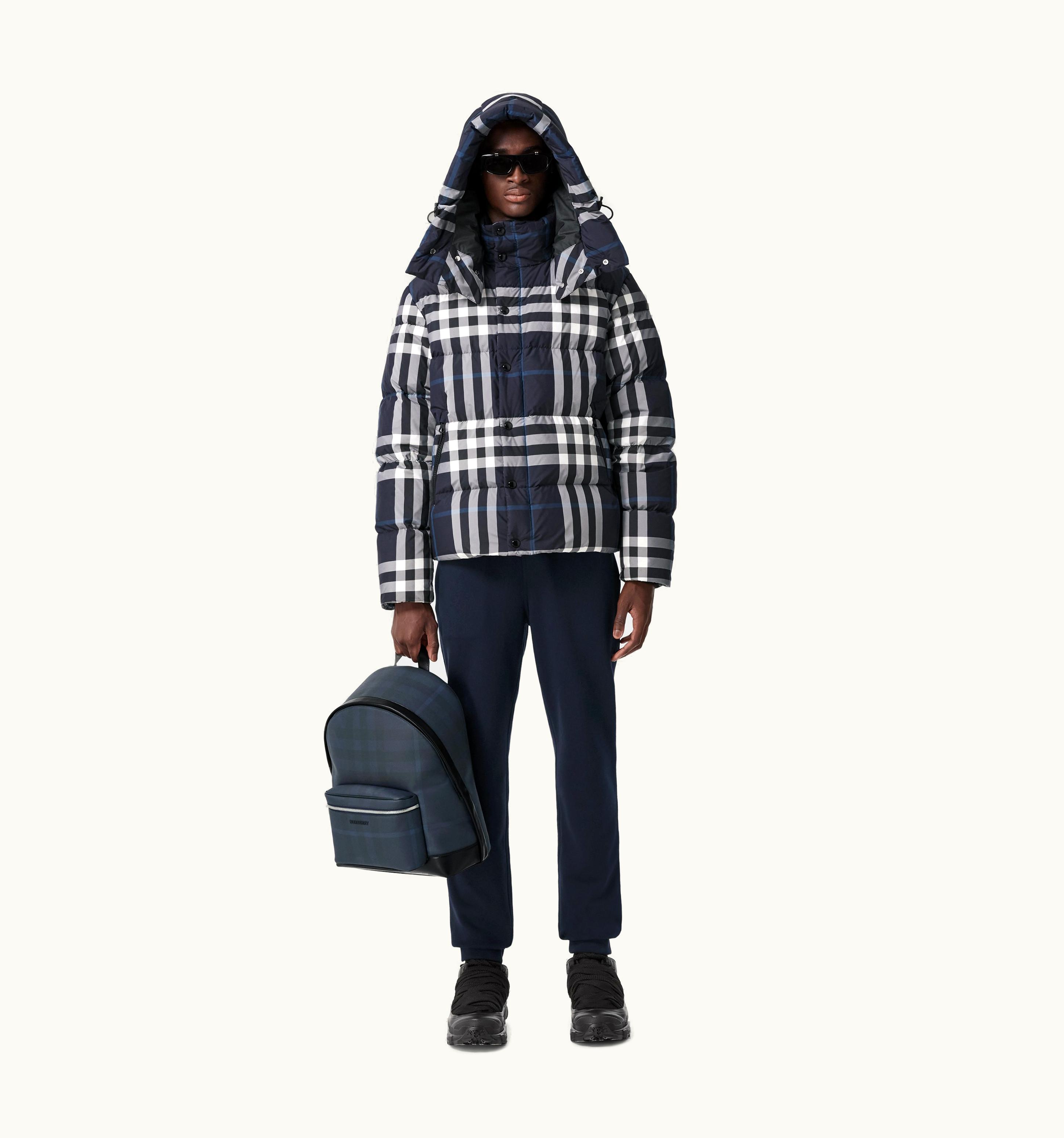 Burberry Burberry Detachable Hood Night Check Puffer Jacket In White/Dark Charcoal Blue - Men