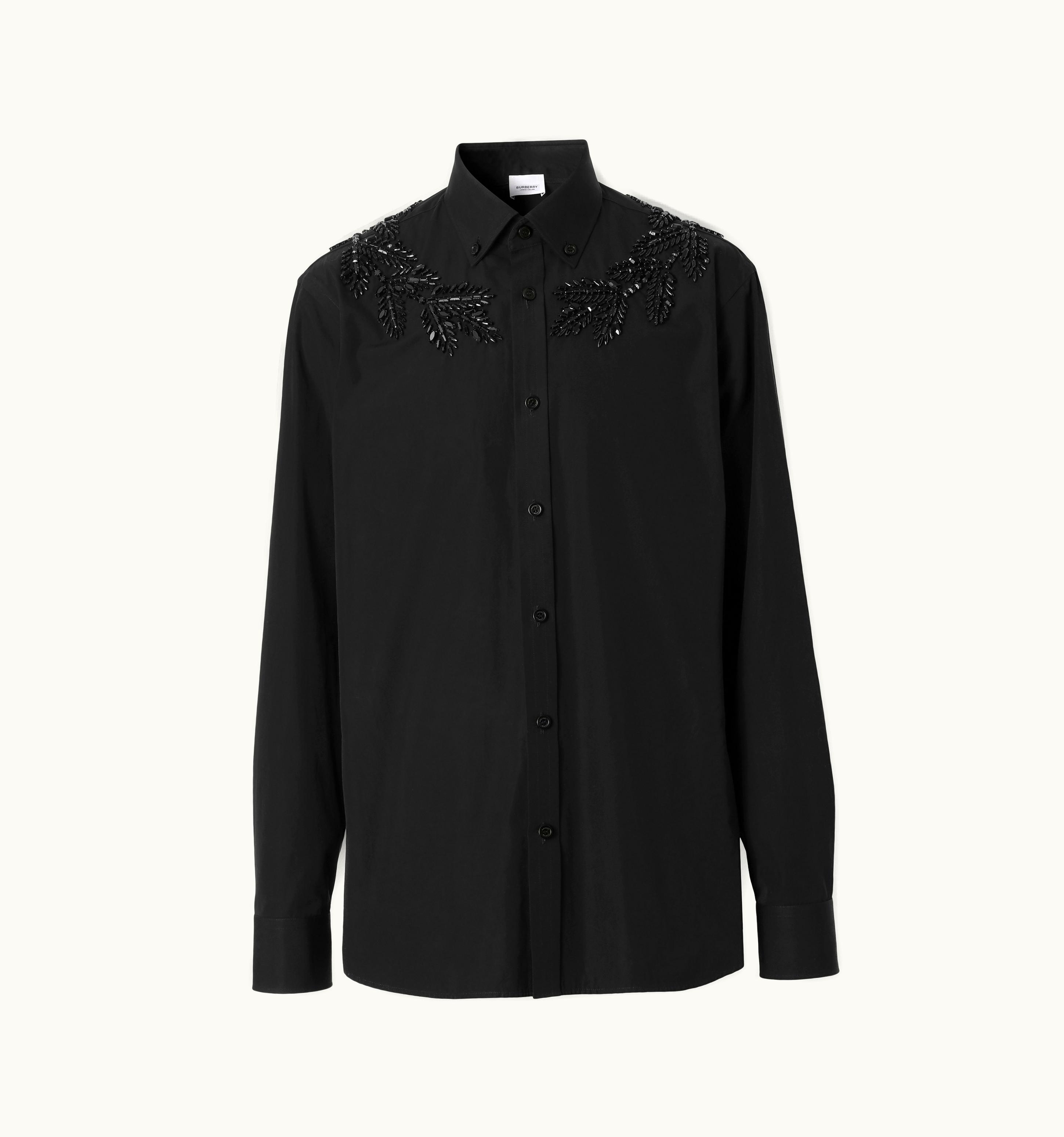 Burberry Burberry Slim Fit Crystal Oak Leaf Cotton Shirt In Black - Men UZ0141069