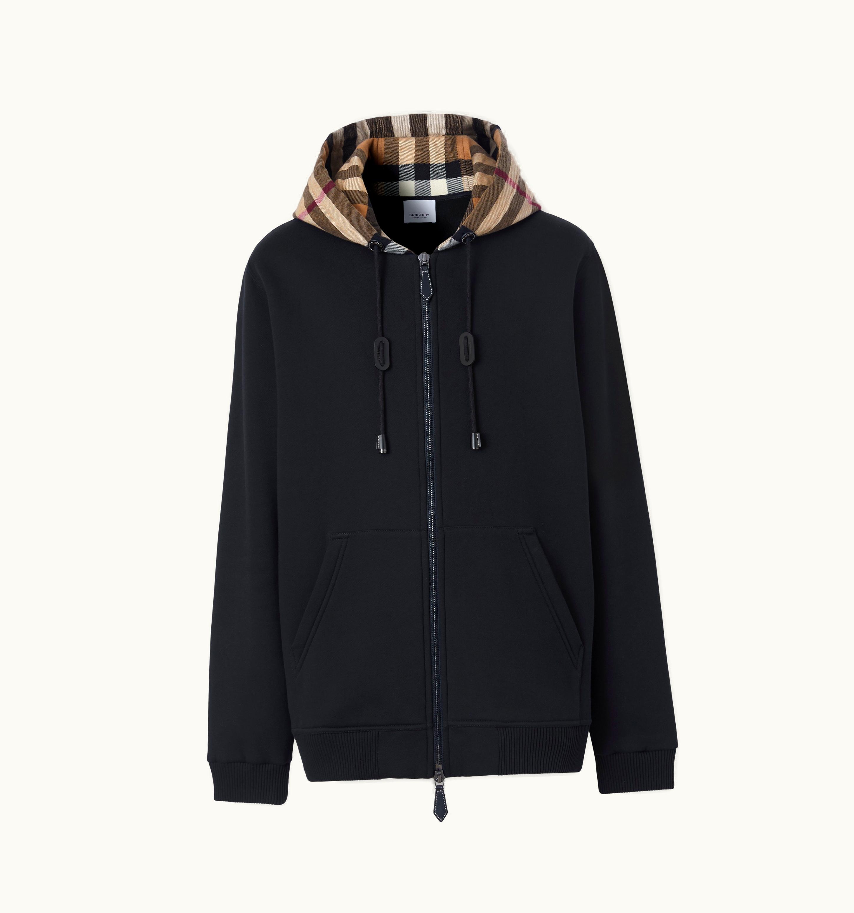 Burberry Burberry Check Hood Cotton Zip Hoodie In Black/Archive Beige - Men