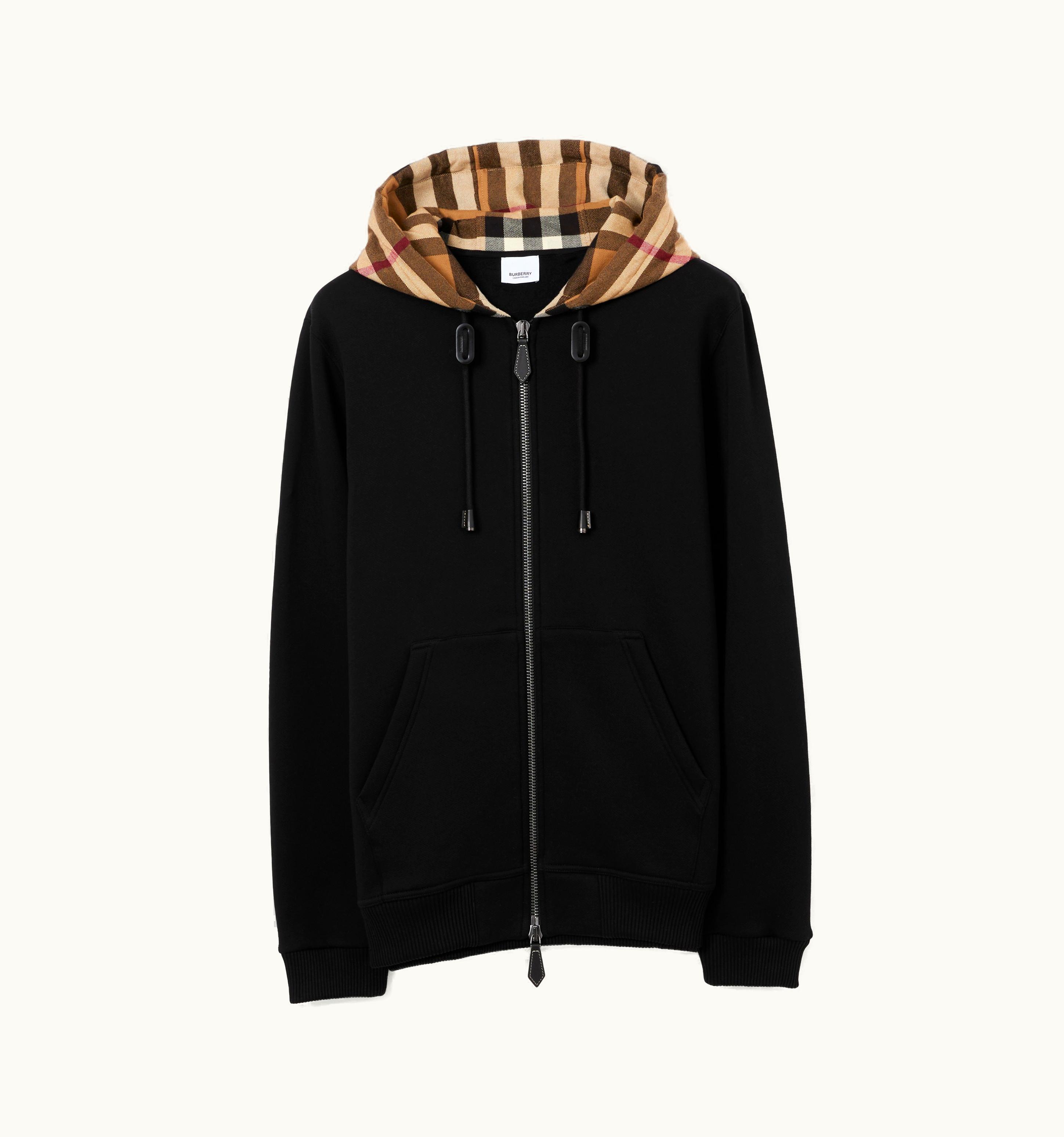 Burberry Burberry Check Hood Cotton Blend Zip Hoodie In Black/Birch Brown