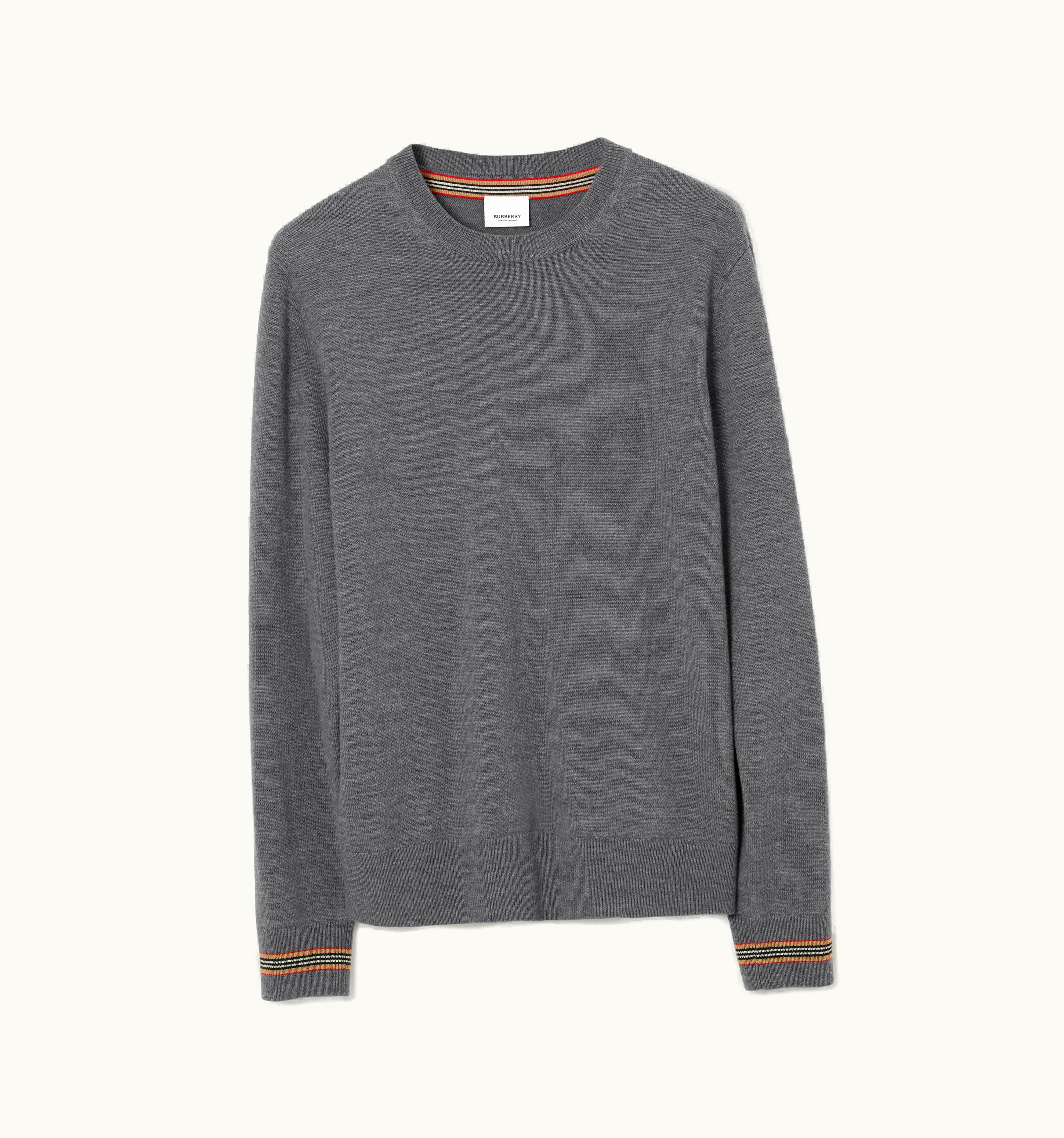 Burberry Burberry Icon Stripe Trim Wool Sweater In Mid Grey Melange - Men