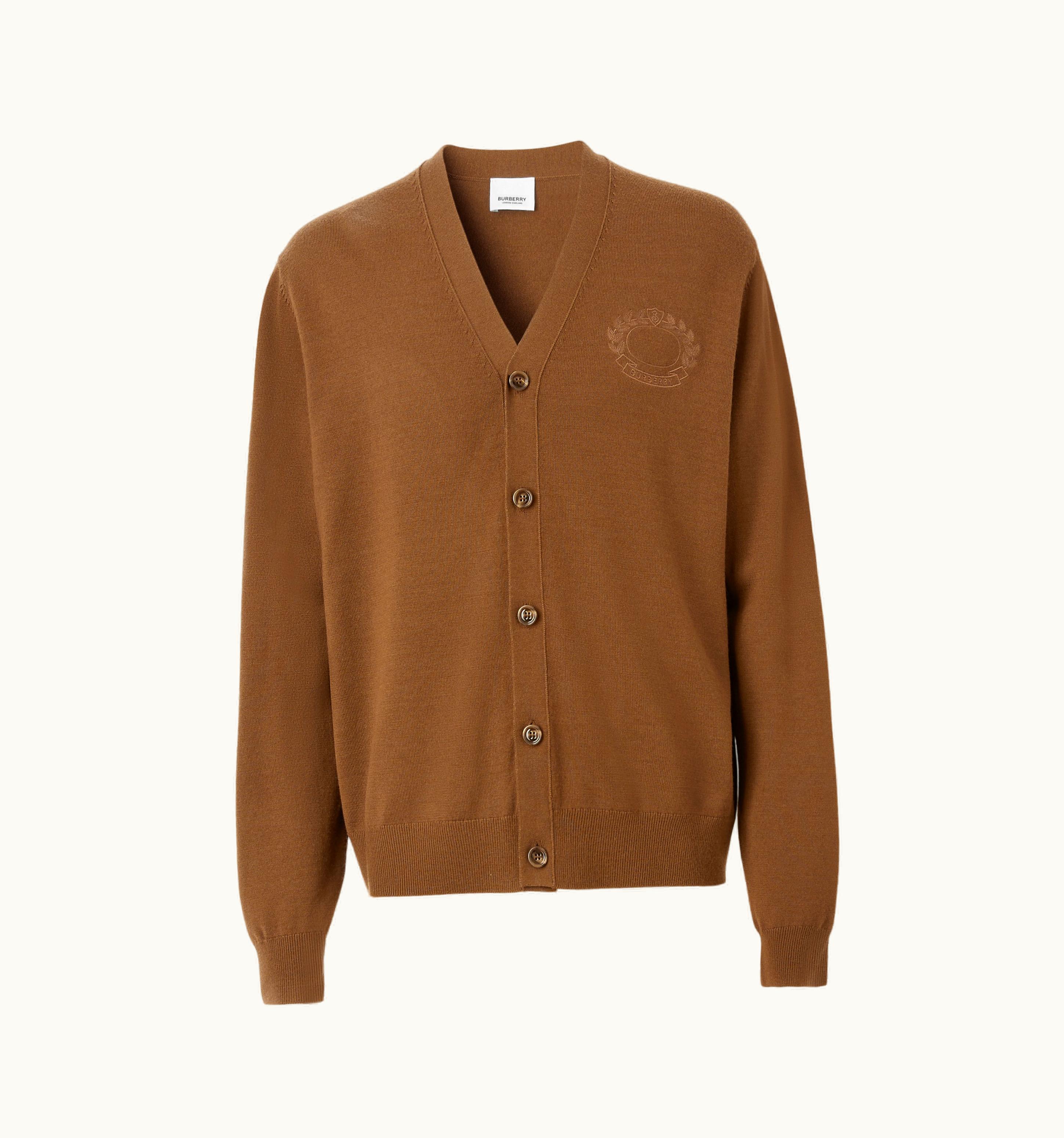 Burberry Burberry Embroidered Oak Leaf Crest Wool Cardigan In Dark Birch Brown - Men