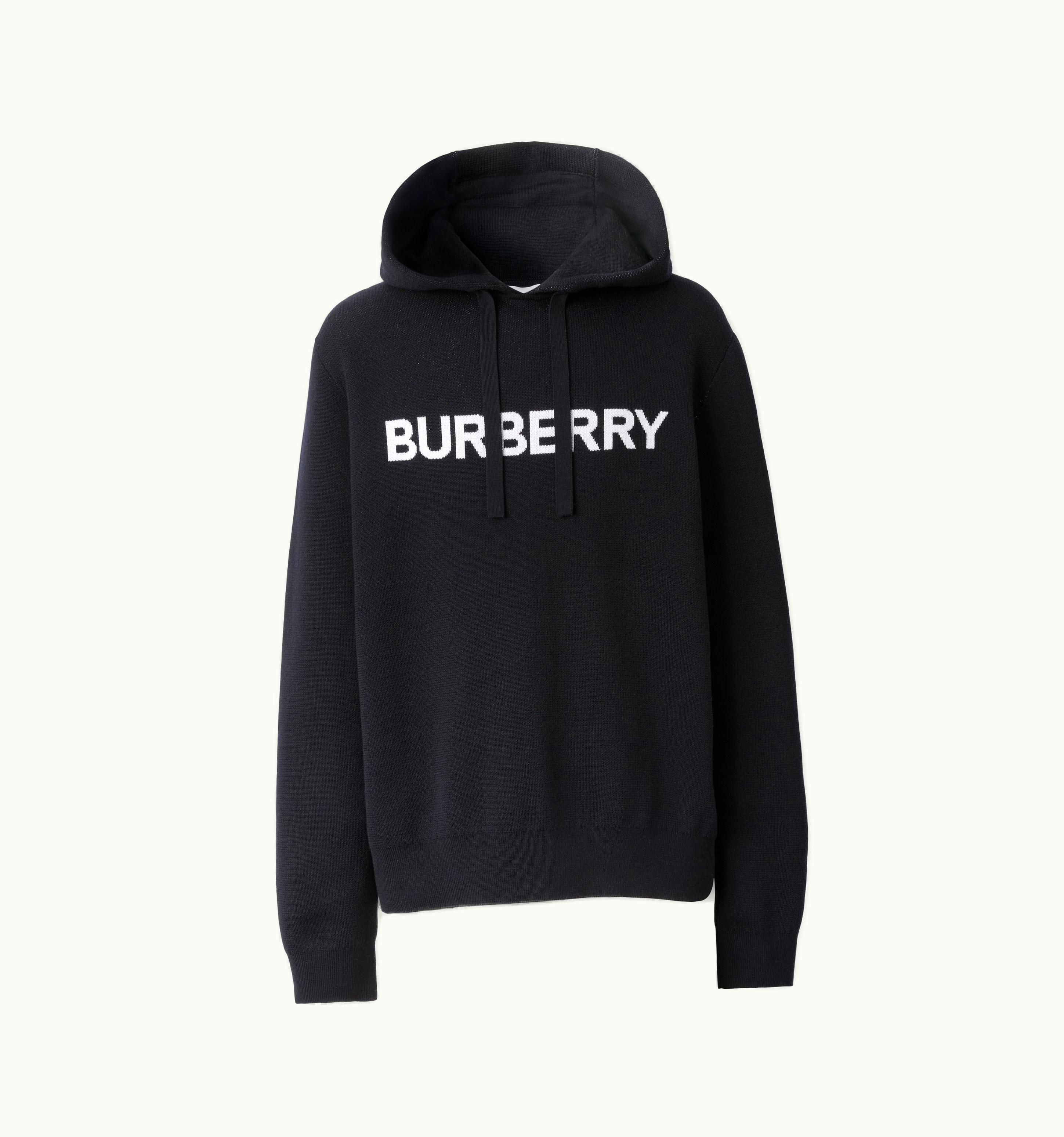 Burberry Burberry Logo Intarsia Wool Cotton Oversized Hoodie In Coal Blue - Men