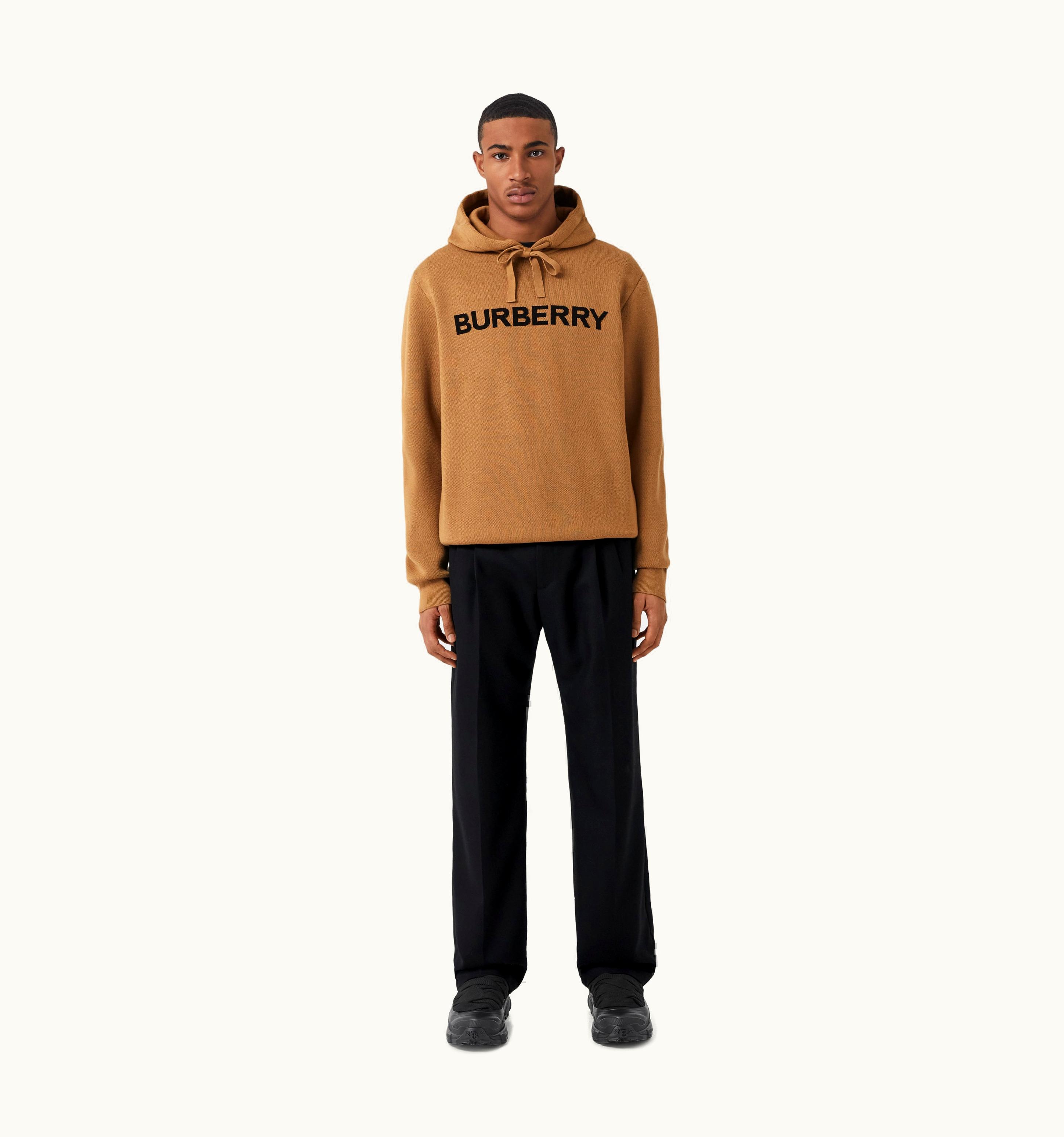 Burberry Burberry Logo Intarsia Wool Cotton Oversized Hoodie In Camel - Men