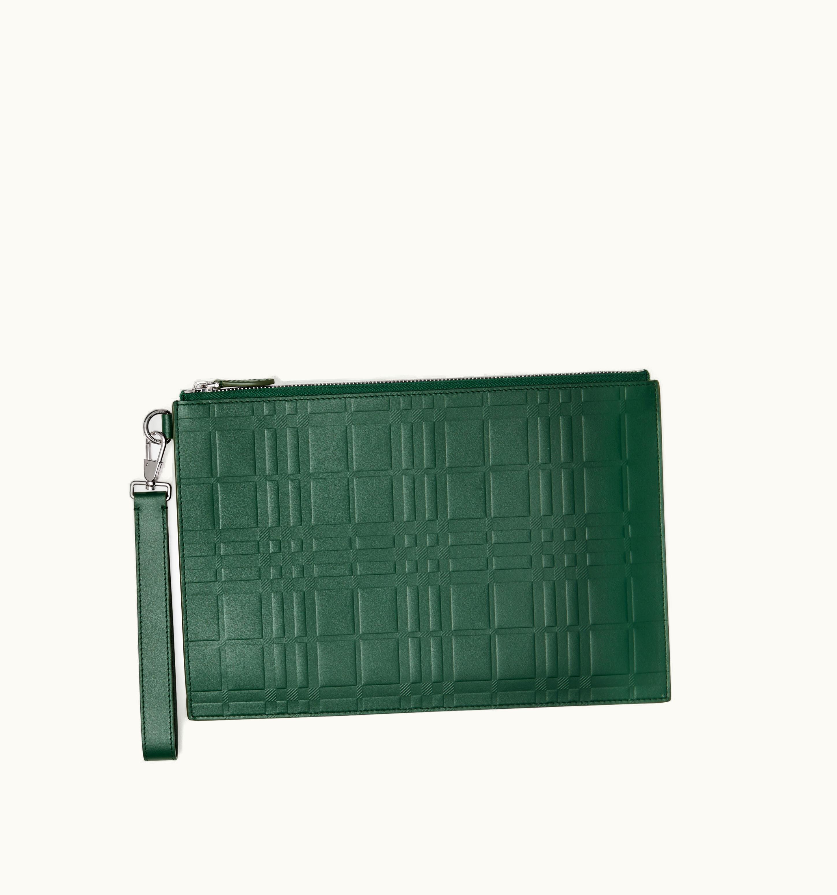 Burberry Burberry Embossed Check Leather Large Zip Pouch In Dark VIridian Green - Men
