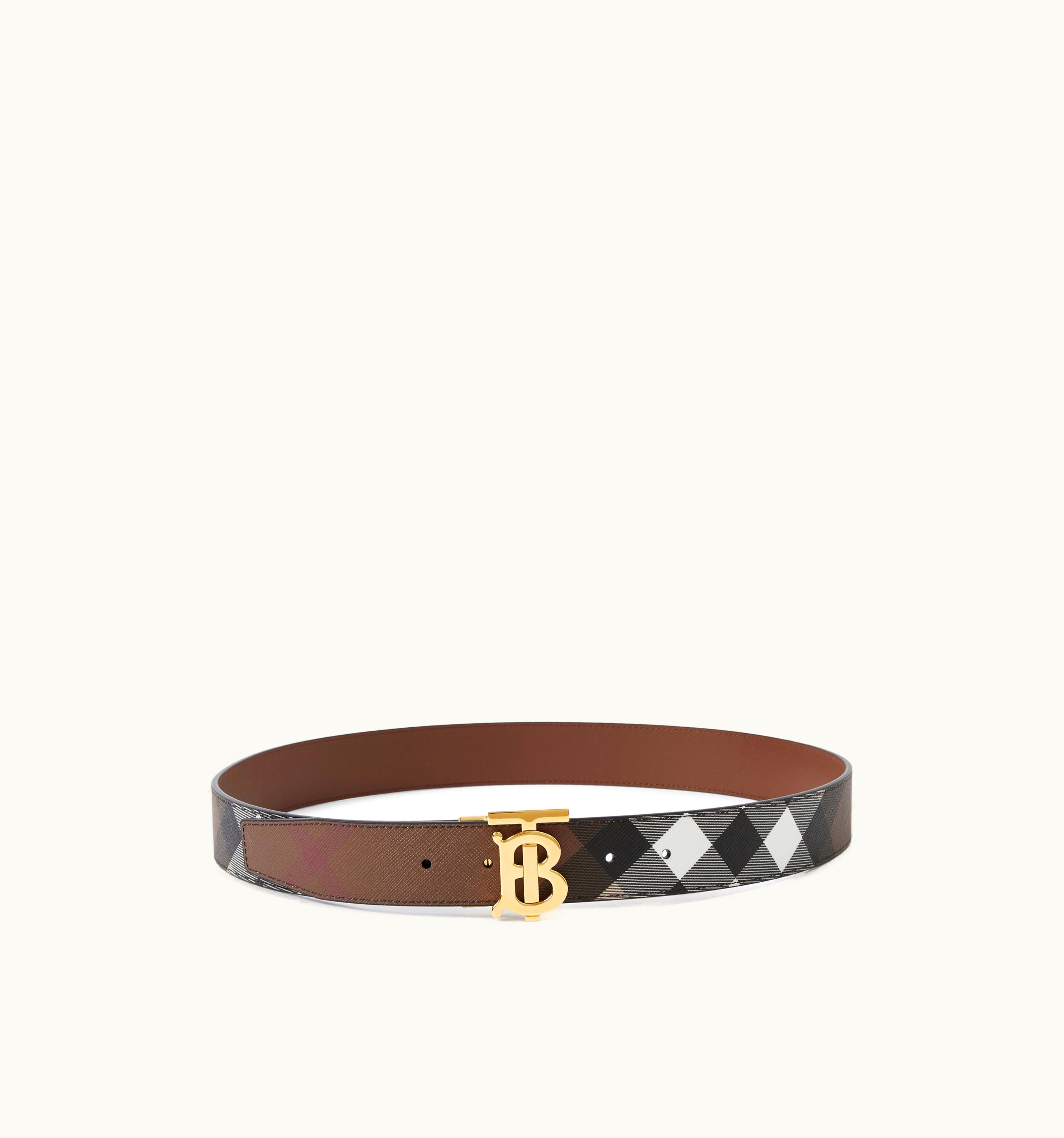 Burberry Burberry Check And Leather Reversible Tb Belt In Dark Birch Brown - Men