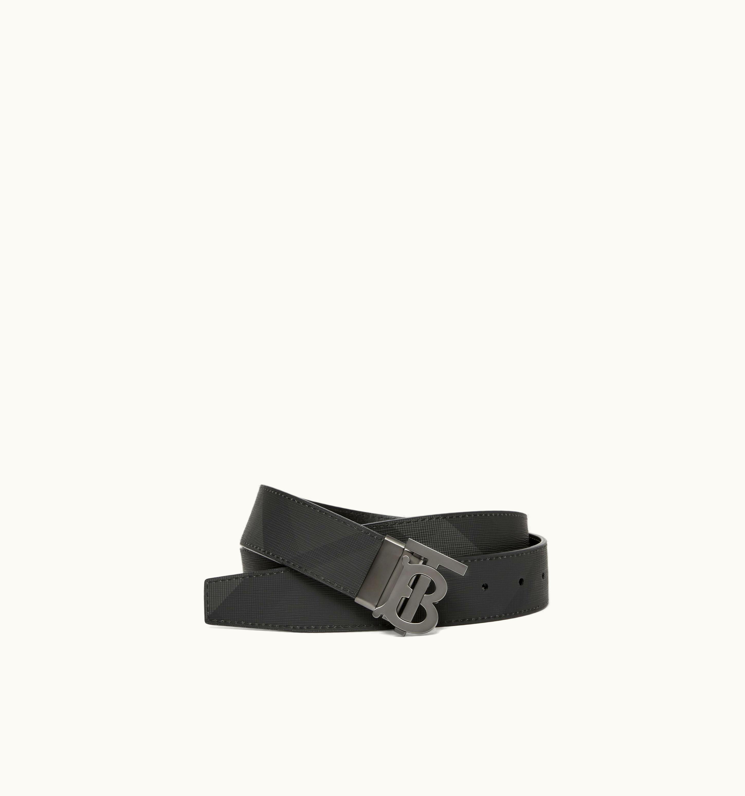 Burberry Burberry Check And Leather Reversible Tb Belt In Charcoal/Graphite - Men