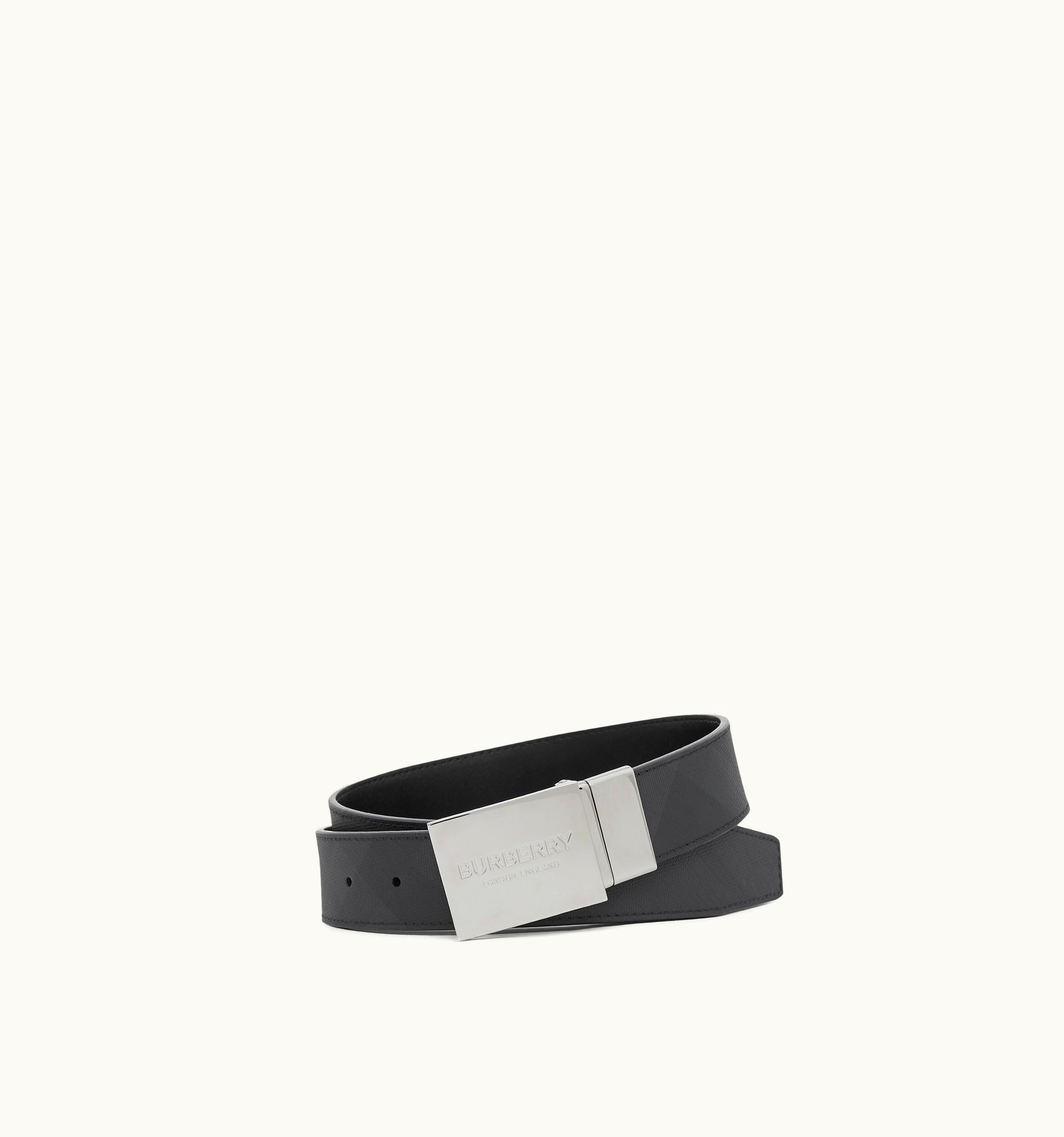 Burberry Burberry Reversible Plaque Buckle London Check And Leather Belt In Dark Charcoal/Black - Men