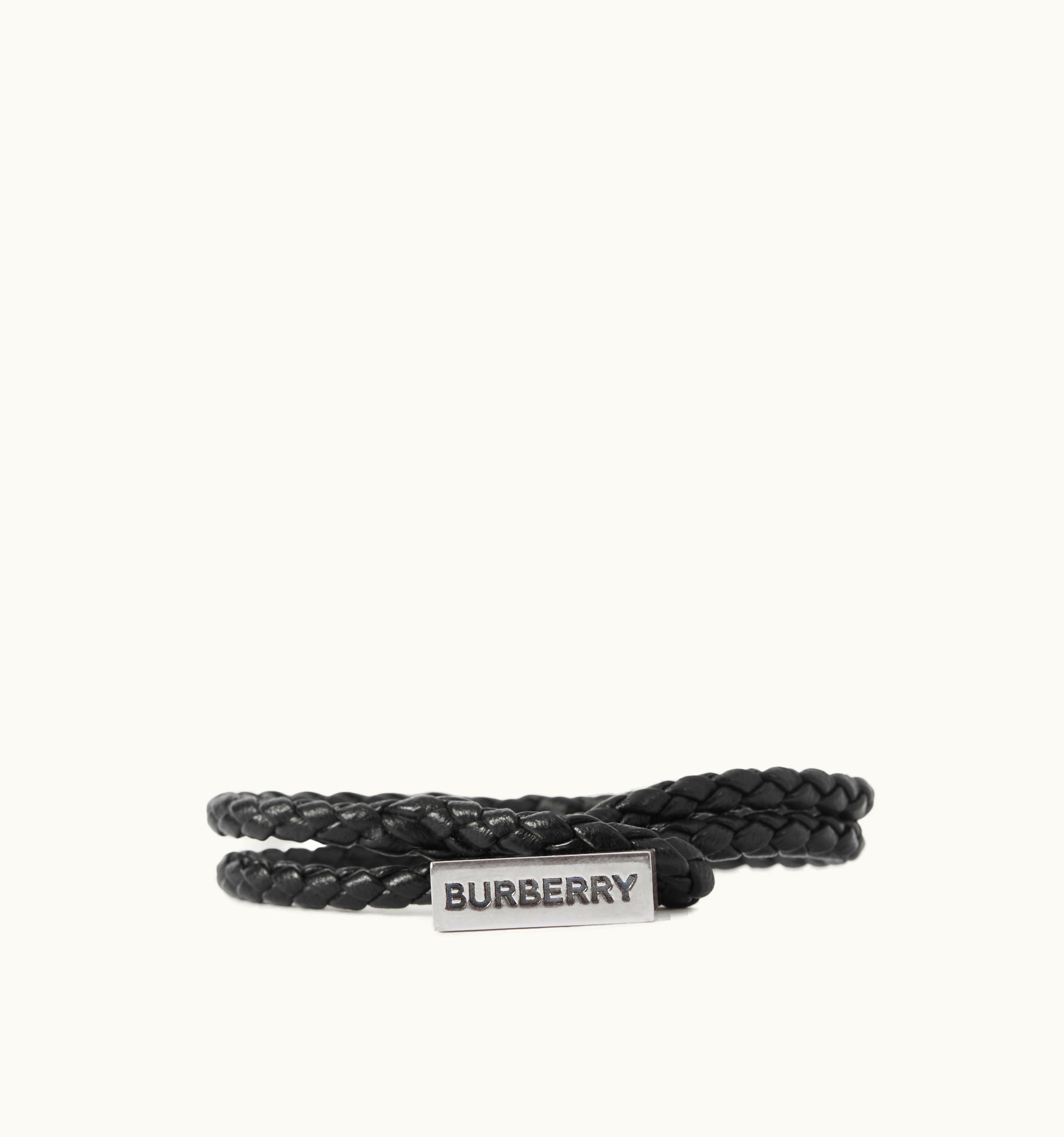 Burberry Burberry Logo Engraved Braided Leather Bracelet In Vintage Steel/Black - Men