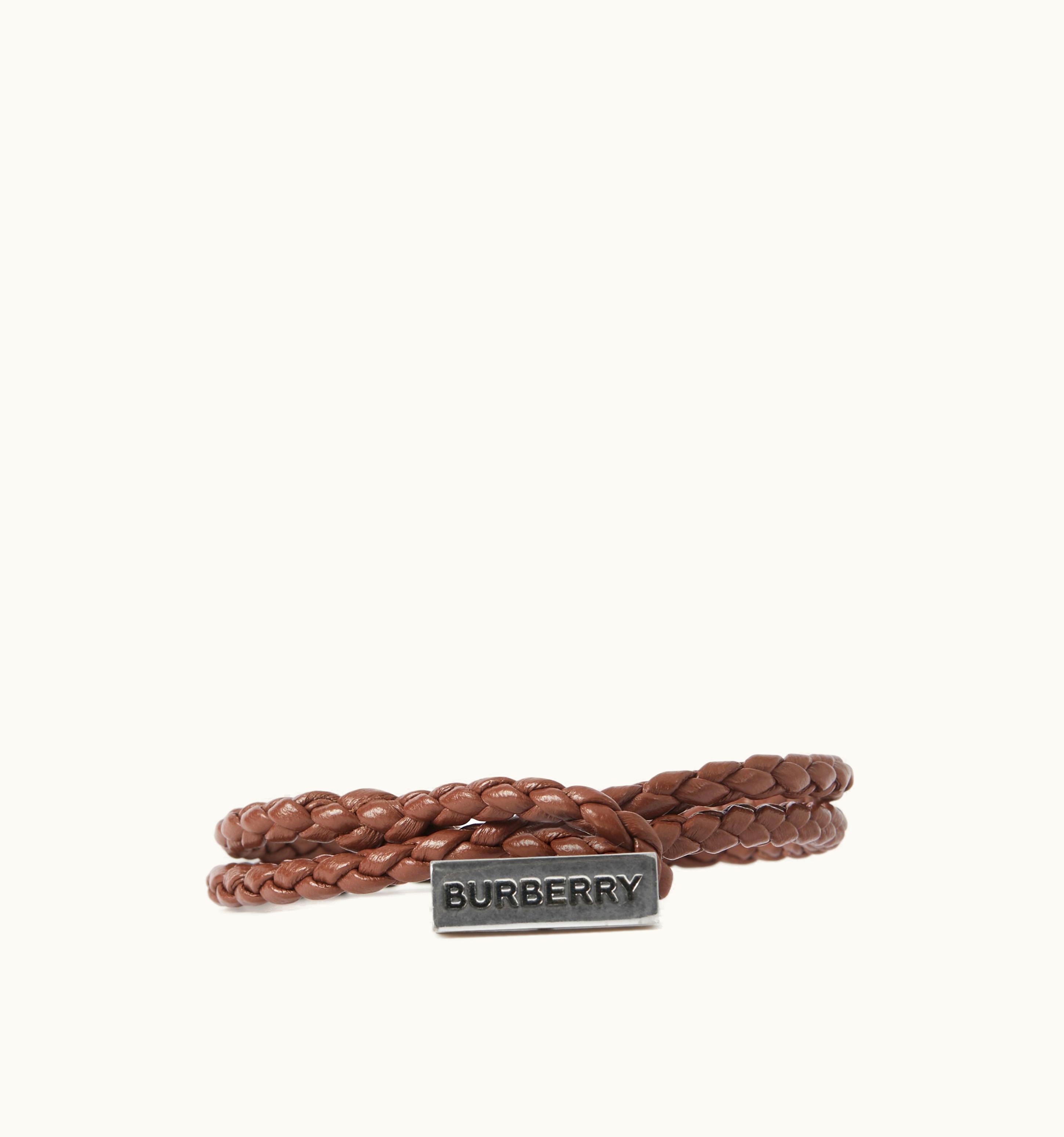 Burberry Burberry Logo Engraved Braided Leather Bracelet In Vintage Steel/Dark Birch Brown - Men