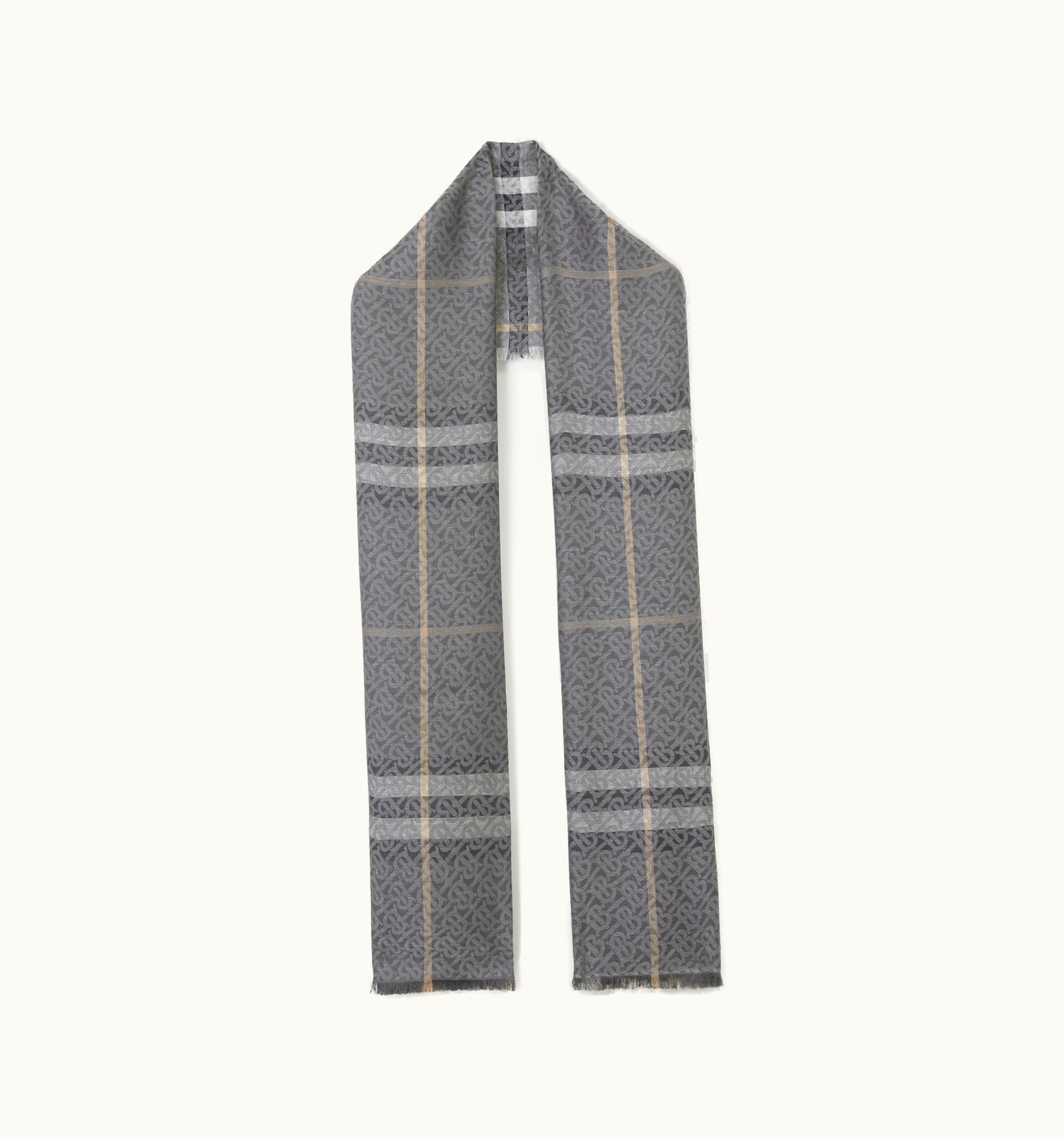 Burberry Burberry Lightweight Monogram And Check Wool Silk Scarf In Charcoal UZ0141590