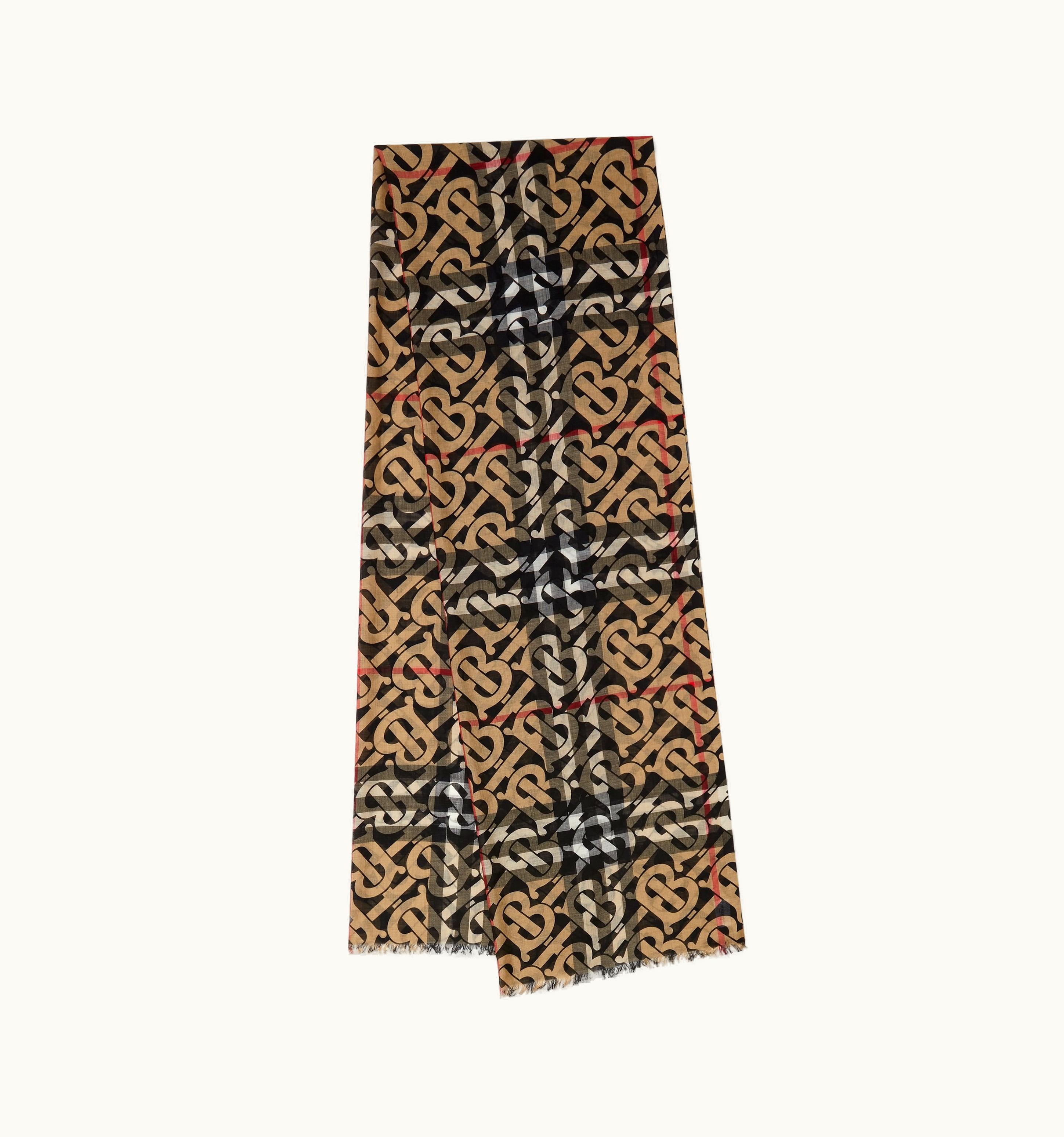 Burberry Monogram Print Lightweight Check Wool Silk Scarf In Archive Beige UZ0141630
