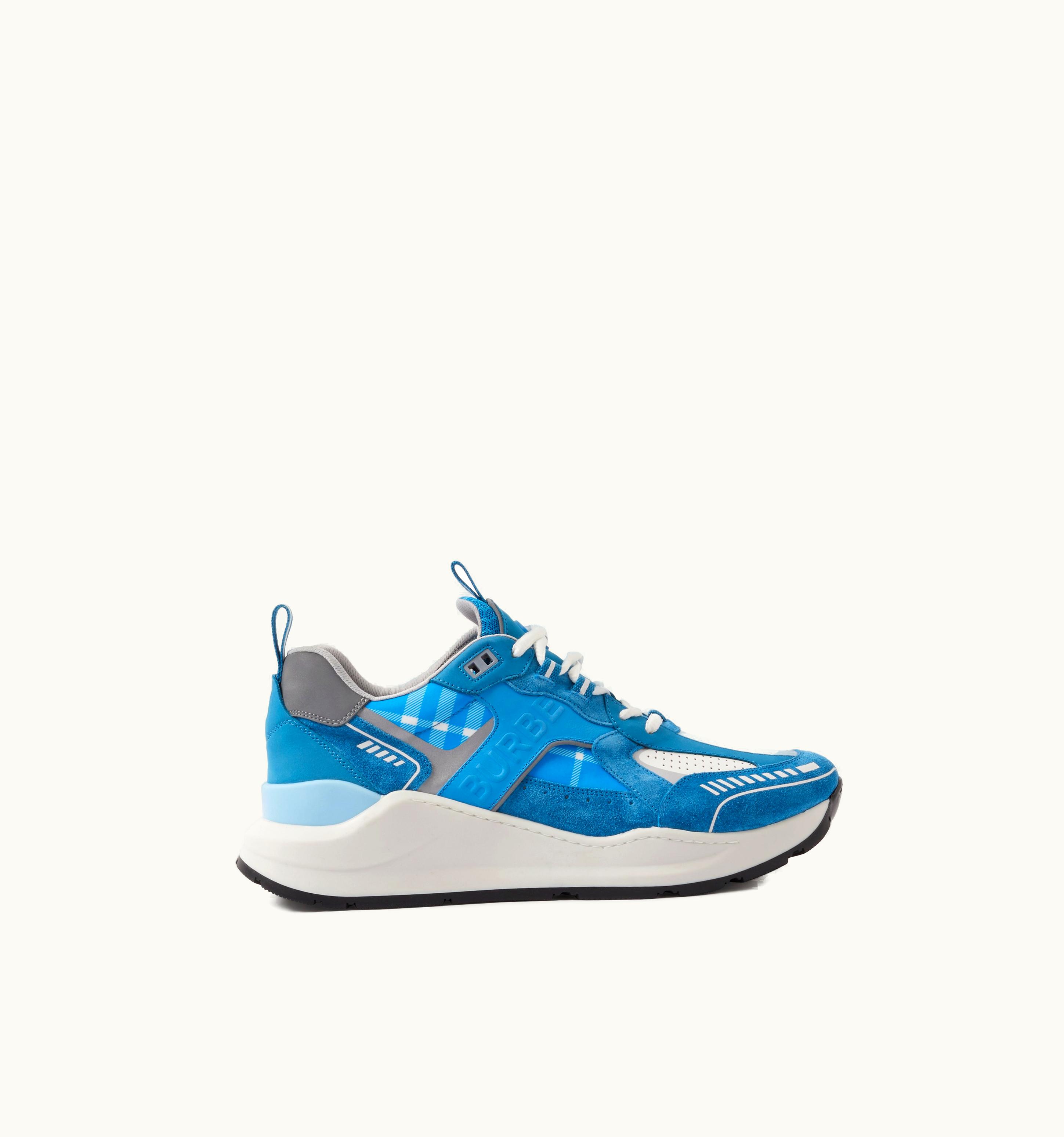 Burberry Logo Print Leather, Suede And Check Sneakers In Blue Mix - Men UZ0141640