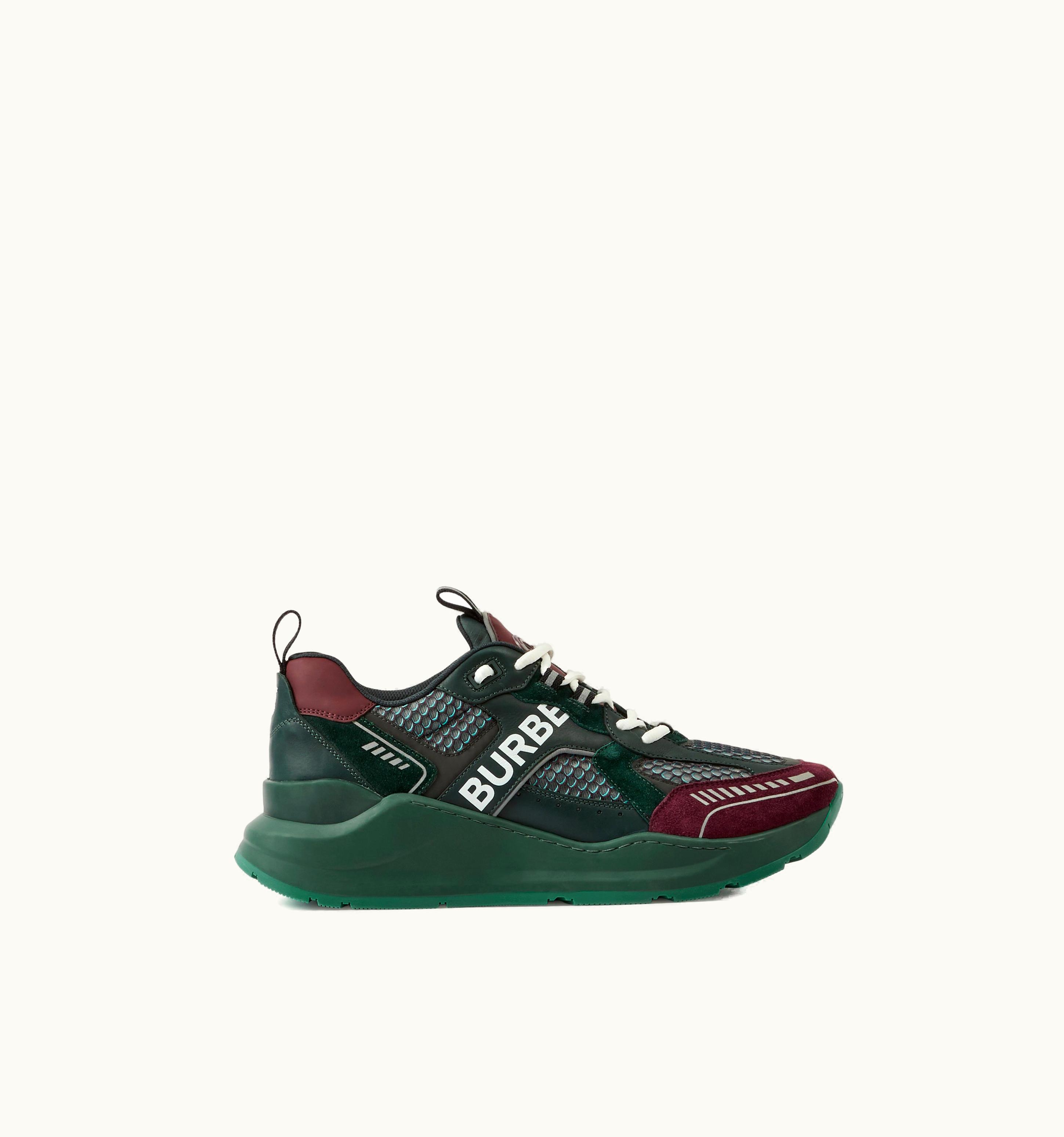 Burberry Logo Print Leather, Suede And Mesh Sneakers In Green/Burgundy/White - Men