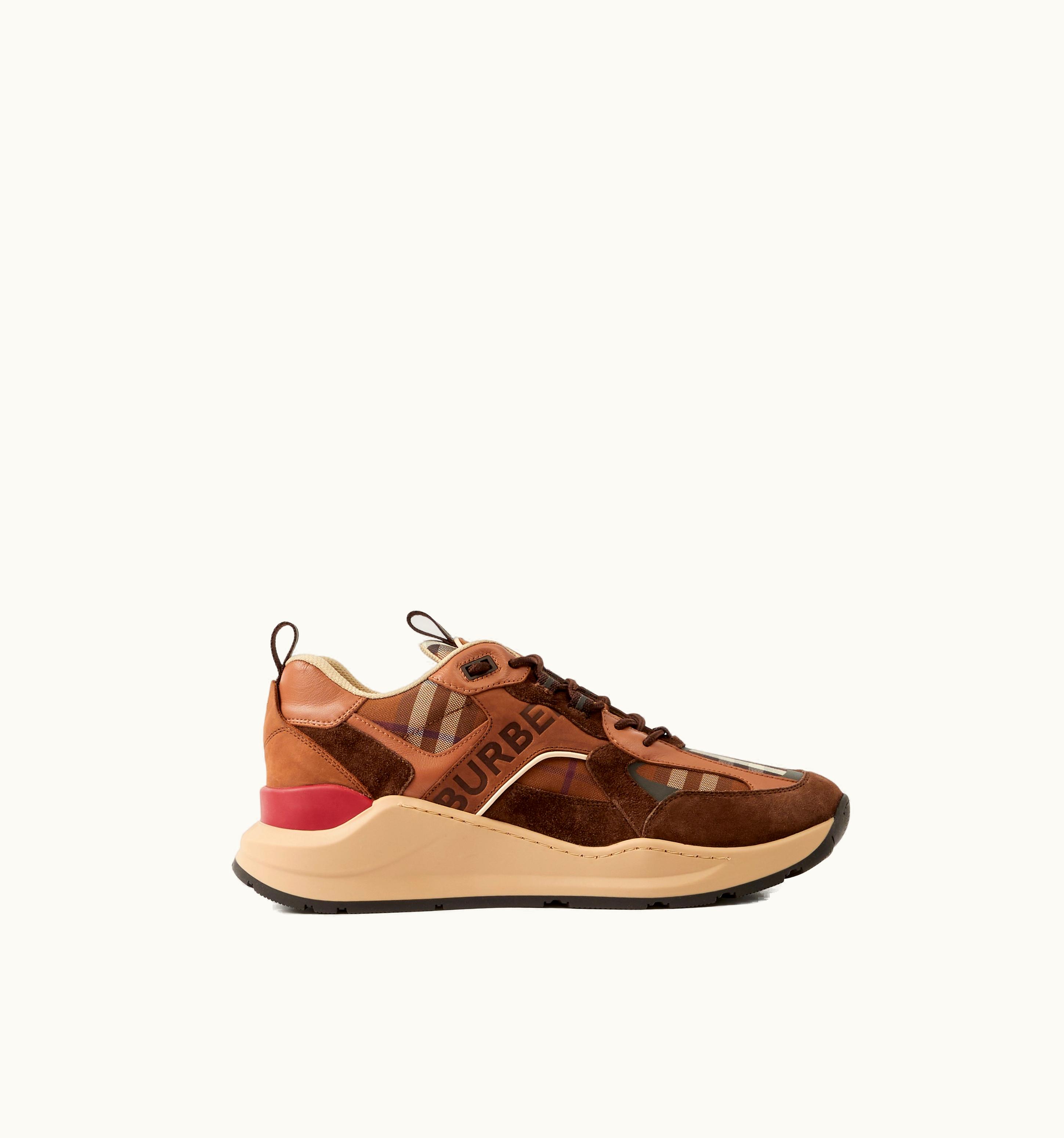 Burberry Logo Print Check And Suede Sneakers In Dark Birch Brown - Men