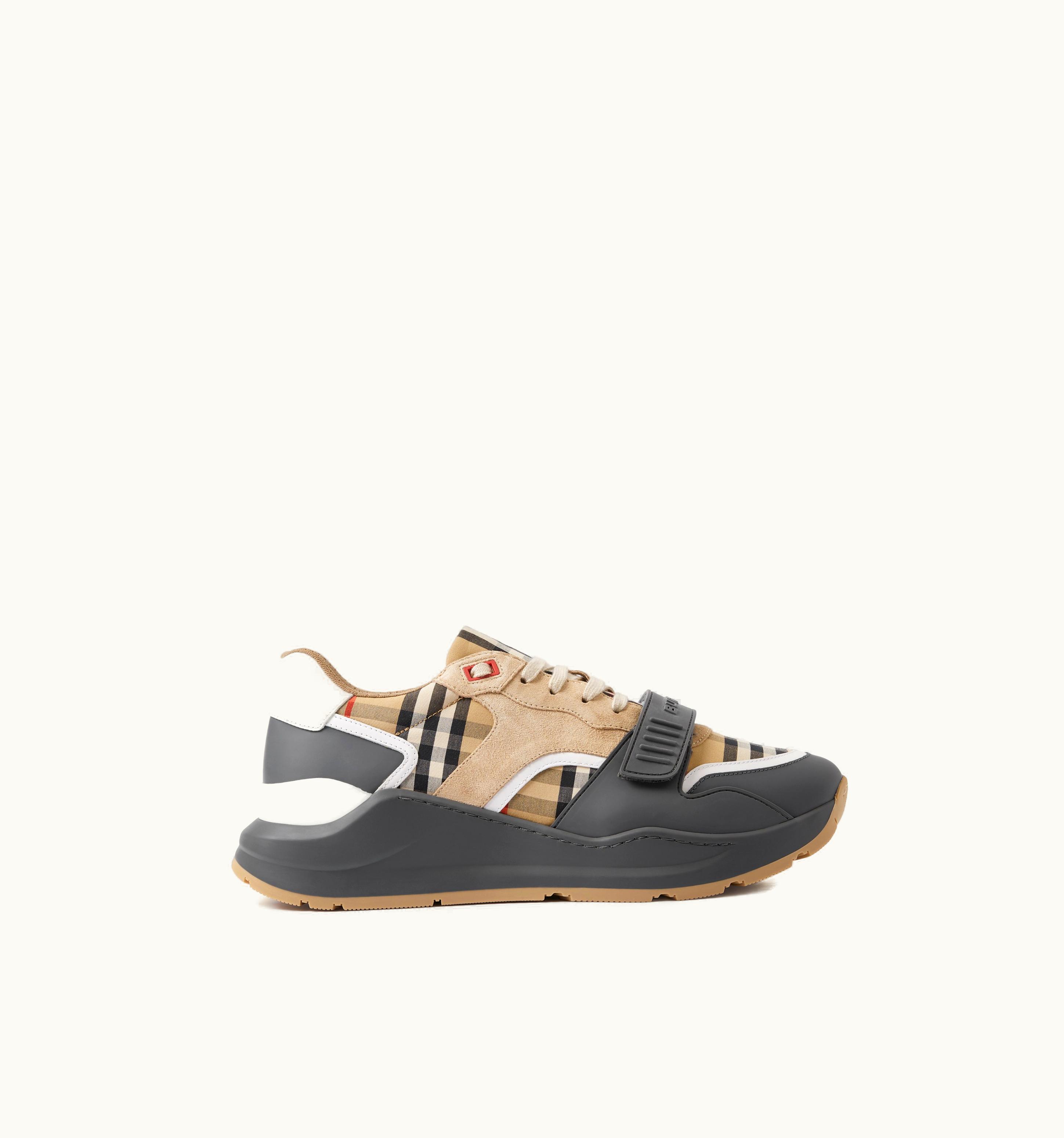 Burberry Vintage Check, Suede And Leather Sneakers In Grey/Archive Beige