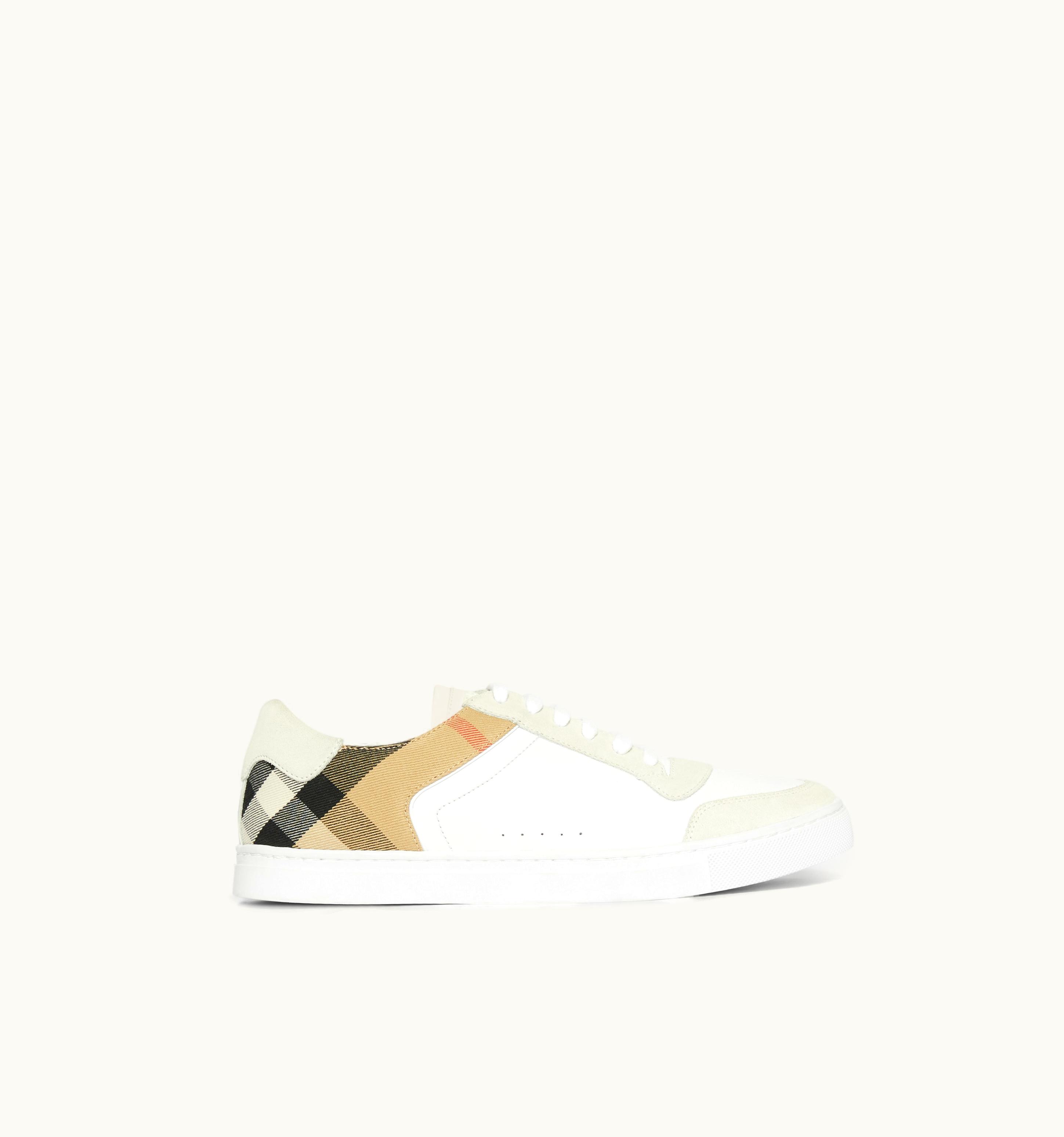 Burberry Leather, Suede And House Check Cotton Sneakers In Optic White - Men