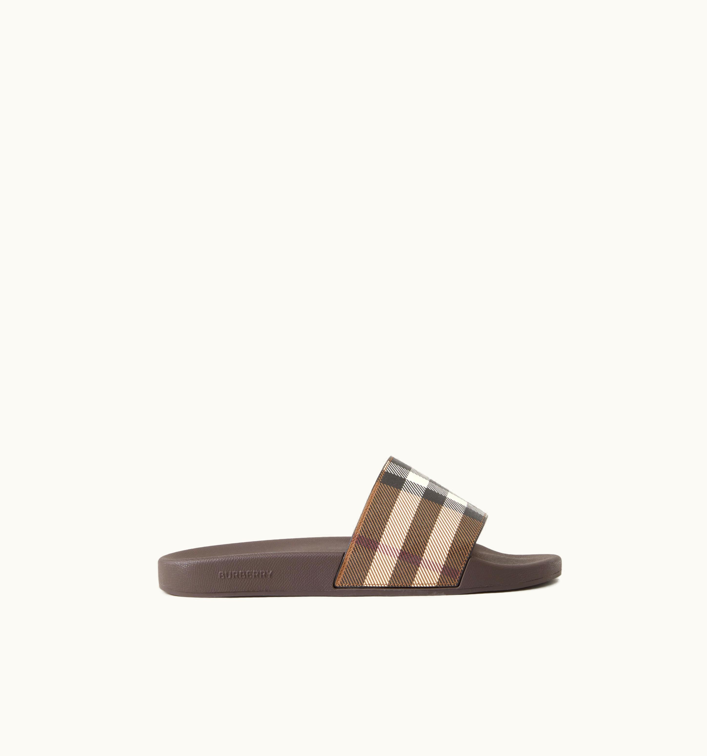 Burberry Check Print Slides In Dark Birch Brown - Men