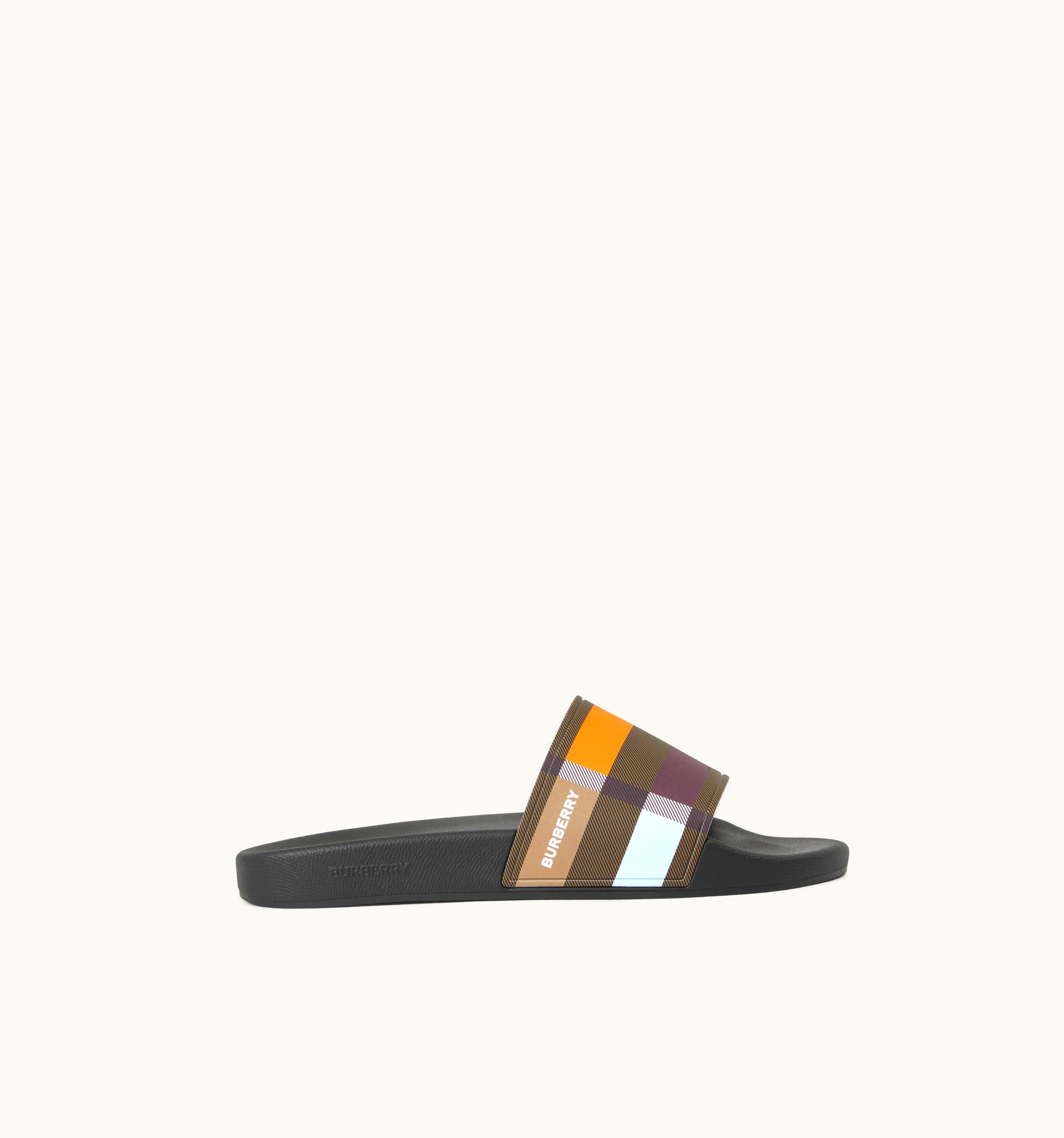 Burberry Colour Block Check Slides In Dark Birch Brown - Men