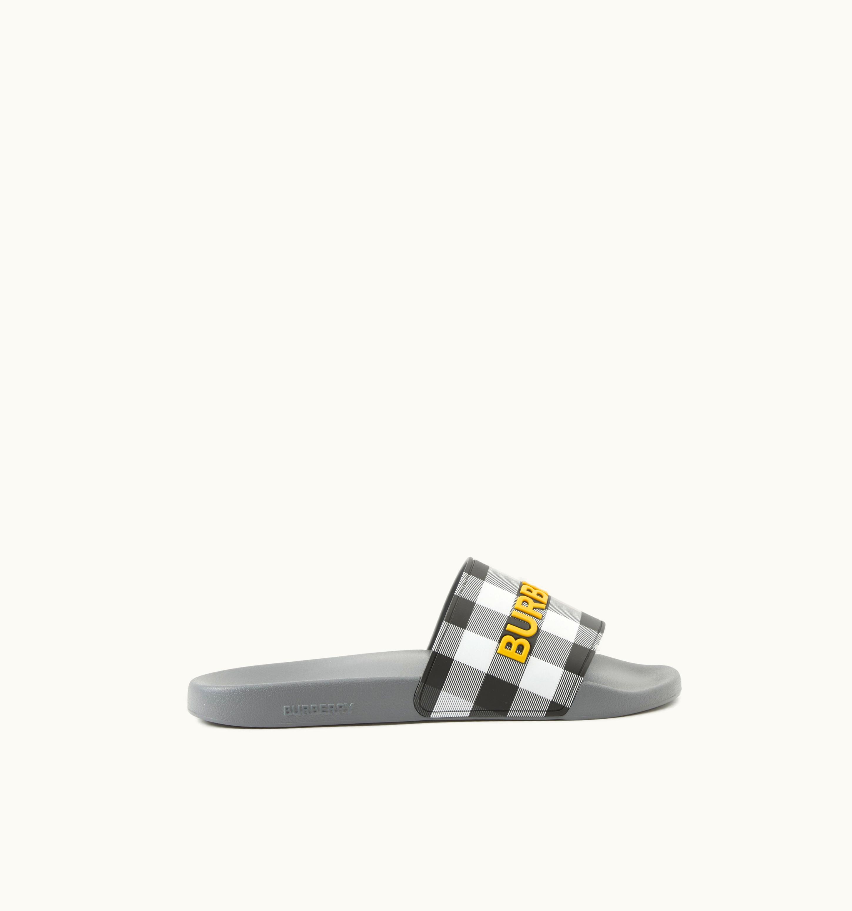 Burberry Logo Detail Check Slides In Storm Grey - Men