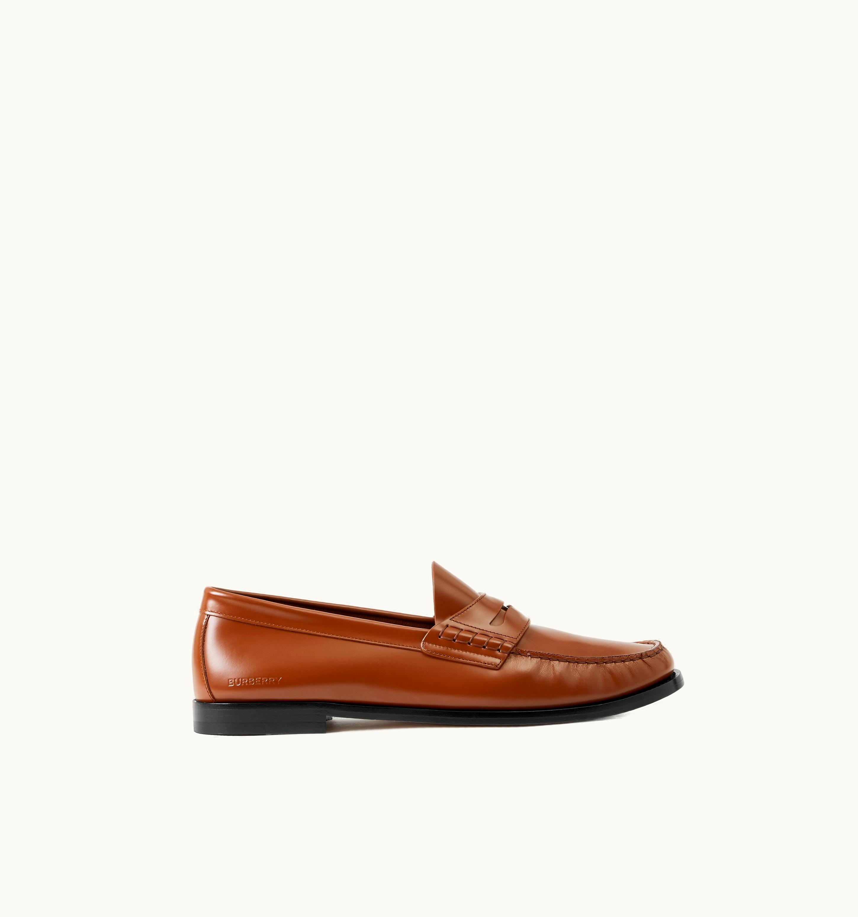 Burberry Coin Detail Leather Penny Loafers In Warm Oak Brown - Men