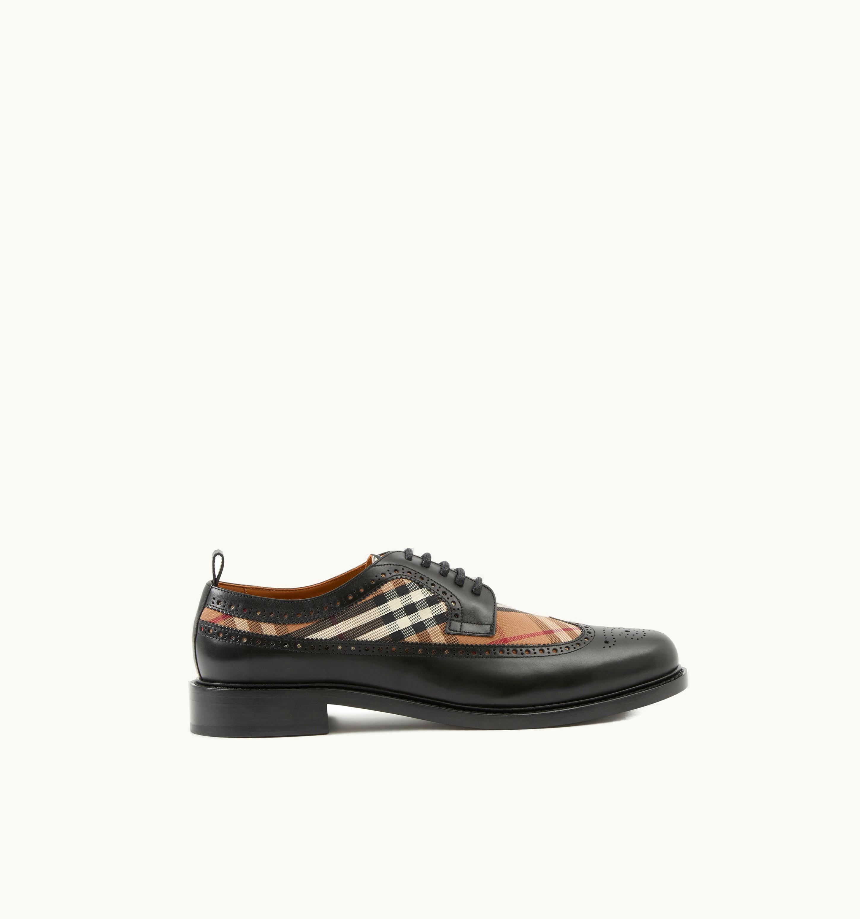Burberry Vintage Check Panel Leather Derby Shoes In Black/Birch Brown