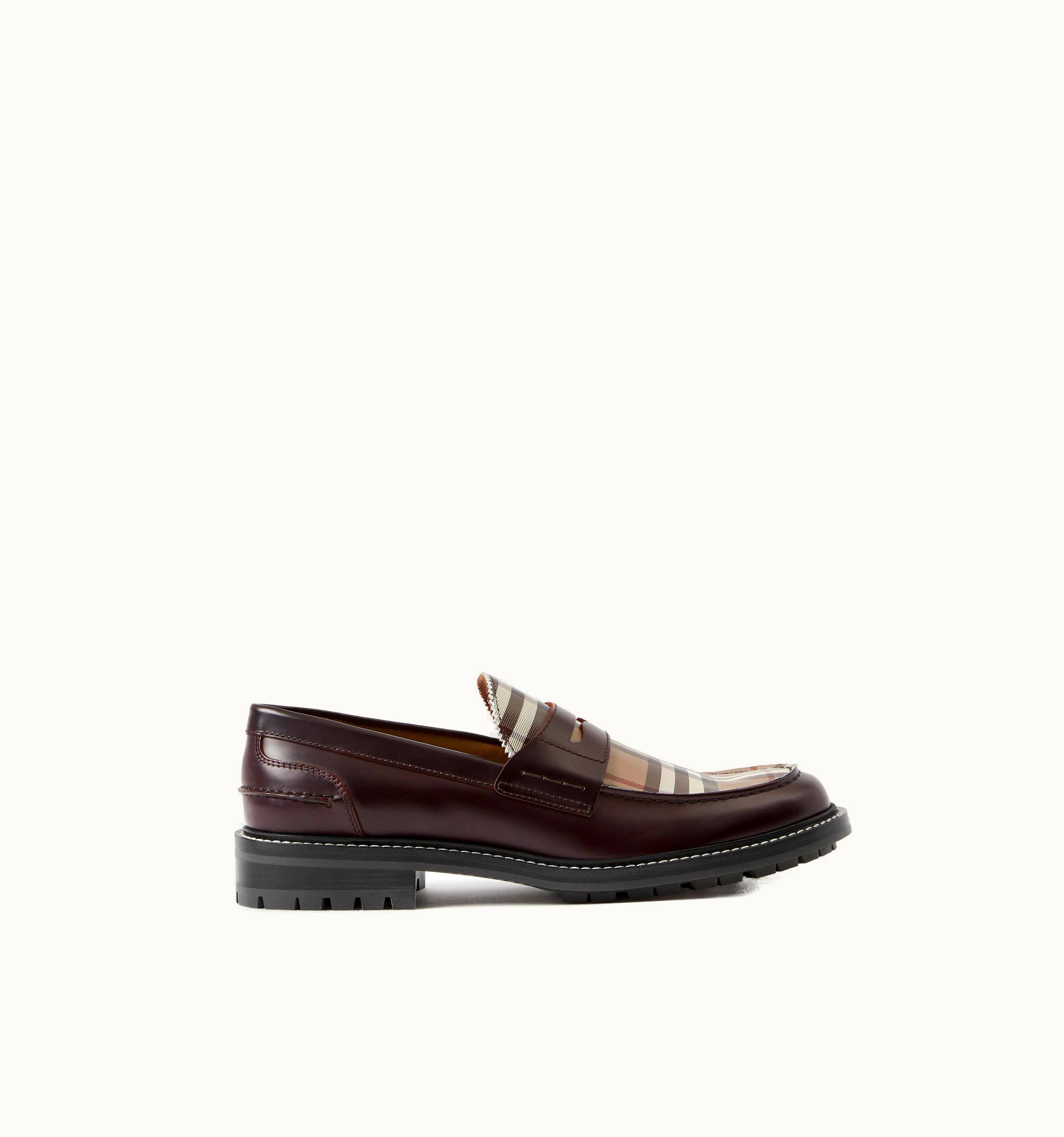 Burberry Vintage Check Panel Leather Loafers In Conker Melange - Men