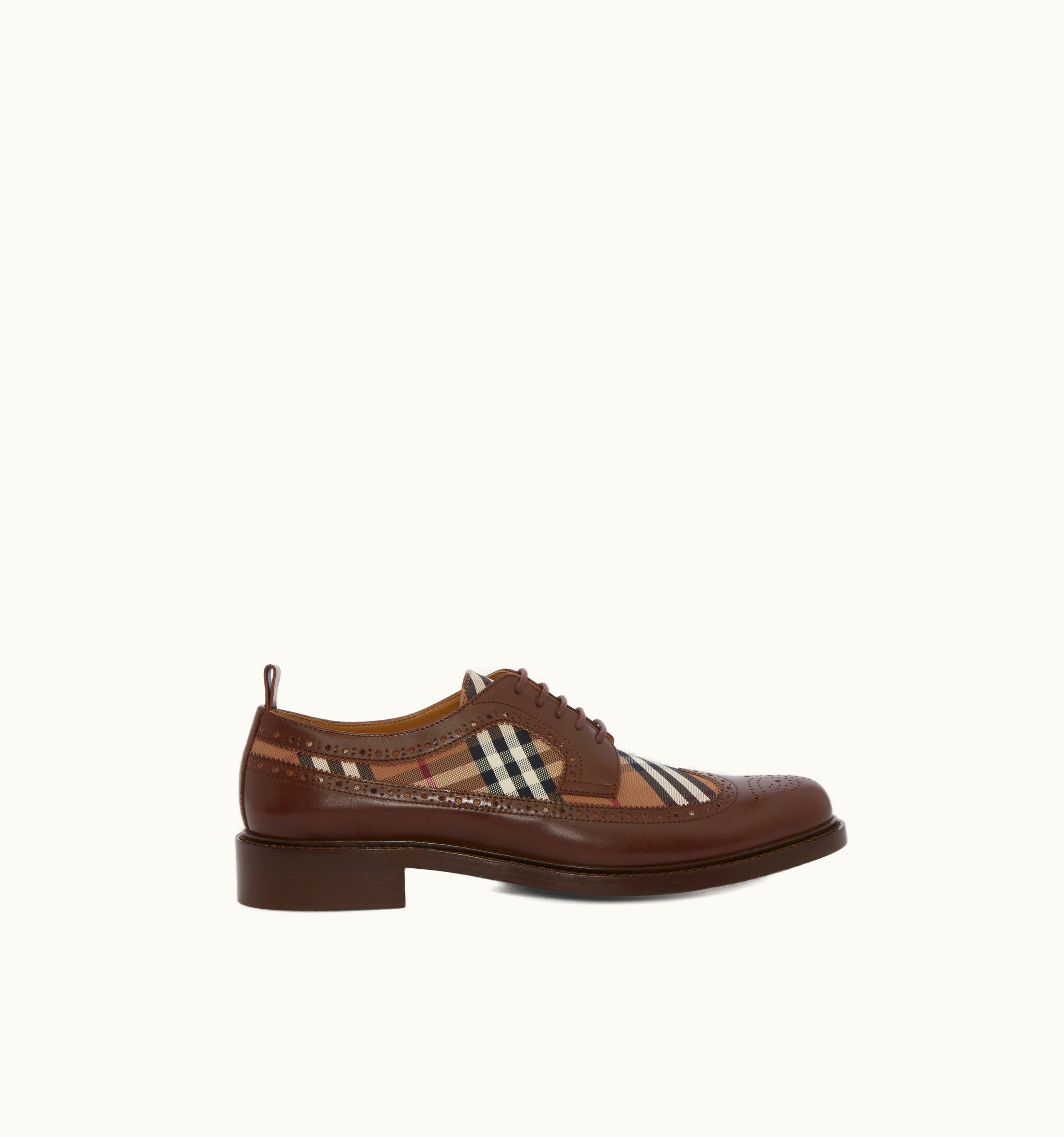 Burberry Vintage Check Panel Leather Derby Shoes In Deep Bark Brown - Men