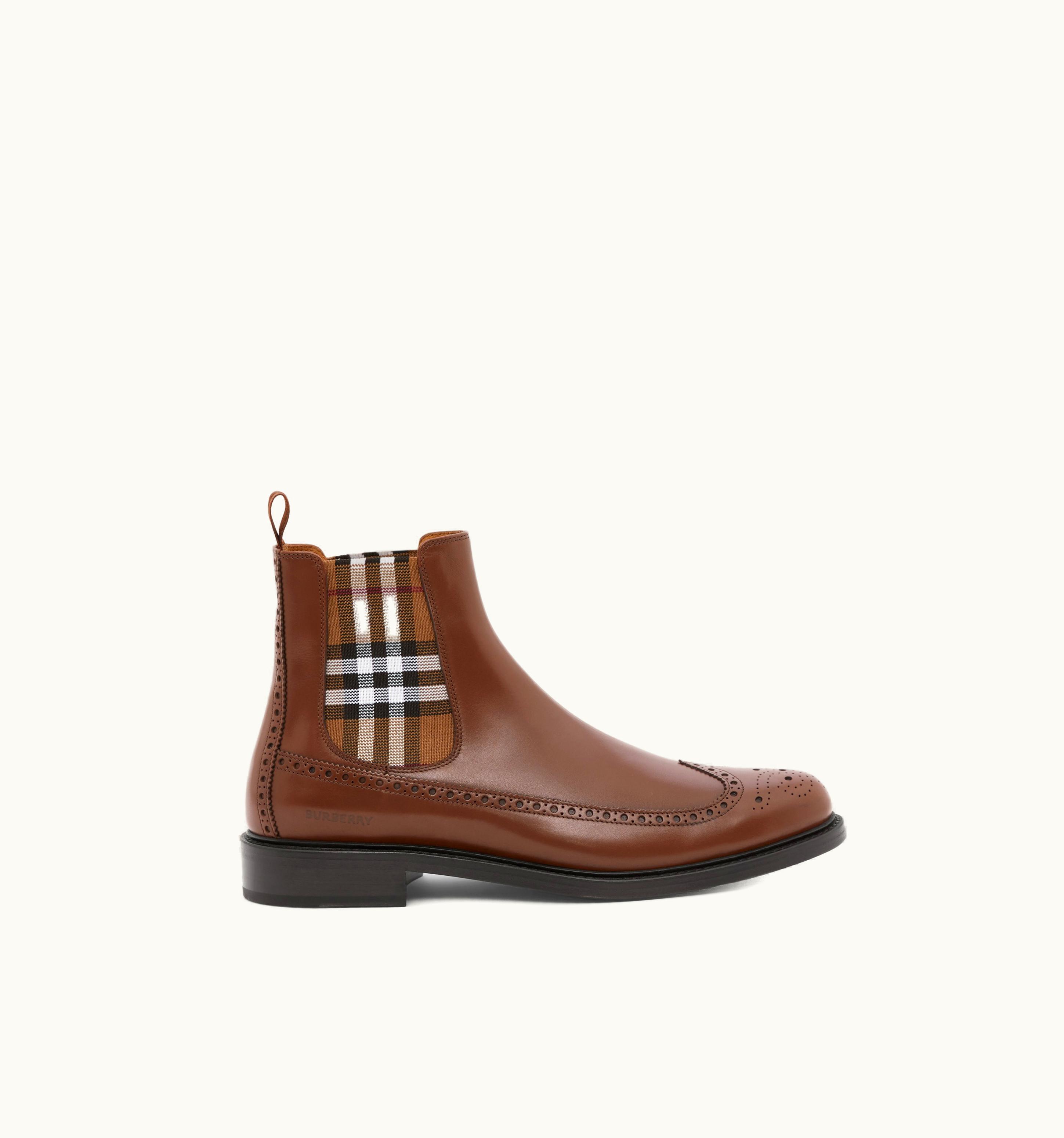 Burberry Vintage Check Detail Leather Chelsea Boots In Deep Bark Brown - Men