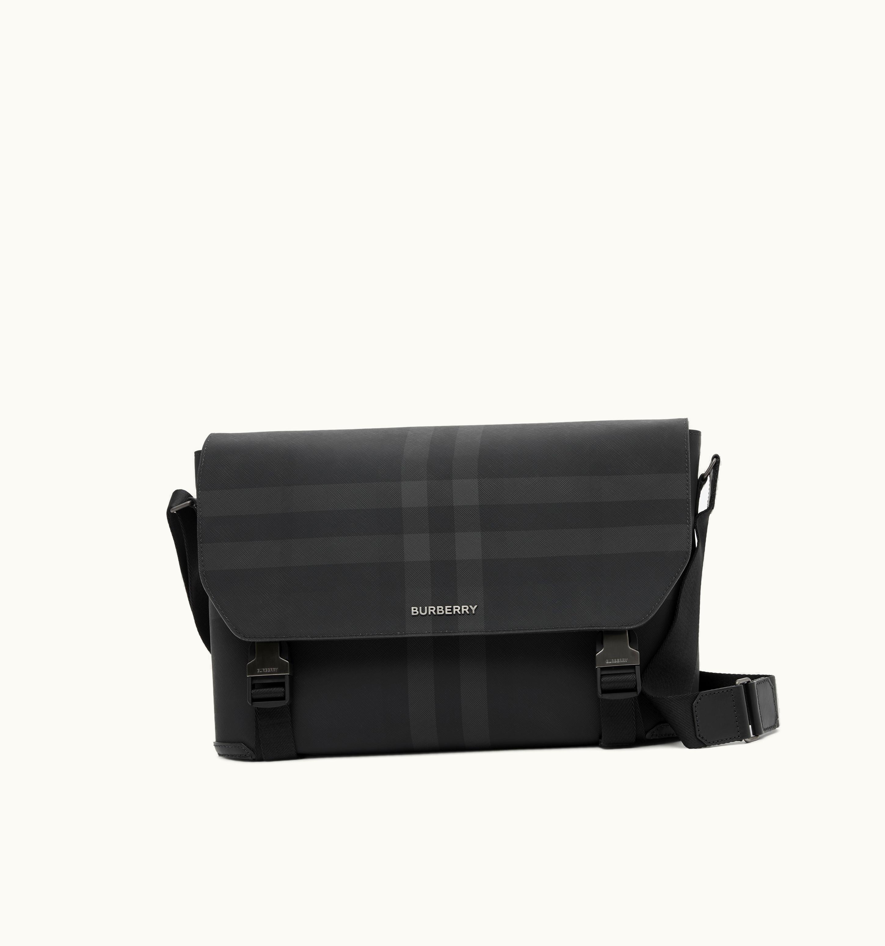 Burberry Charcoal Check And Leather Large Messenger Bag - Men