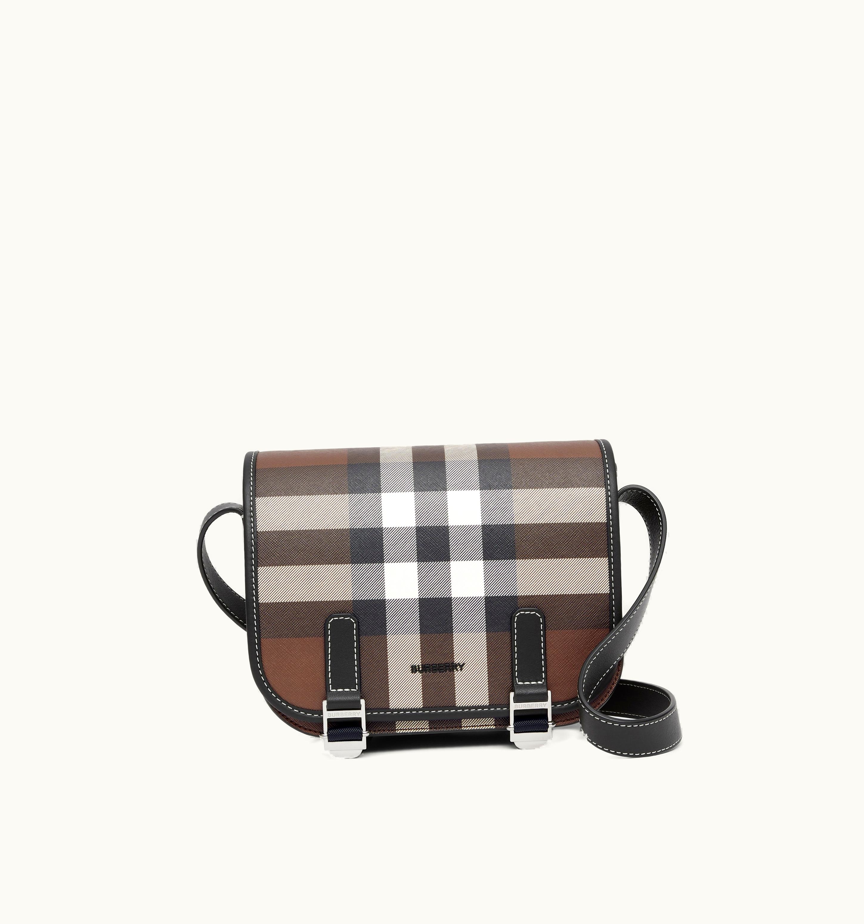 Burberry Check Print And Leather Messenger Bag In Dark Birch Brown - Men