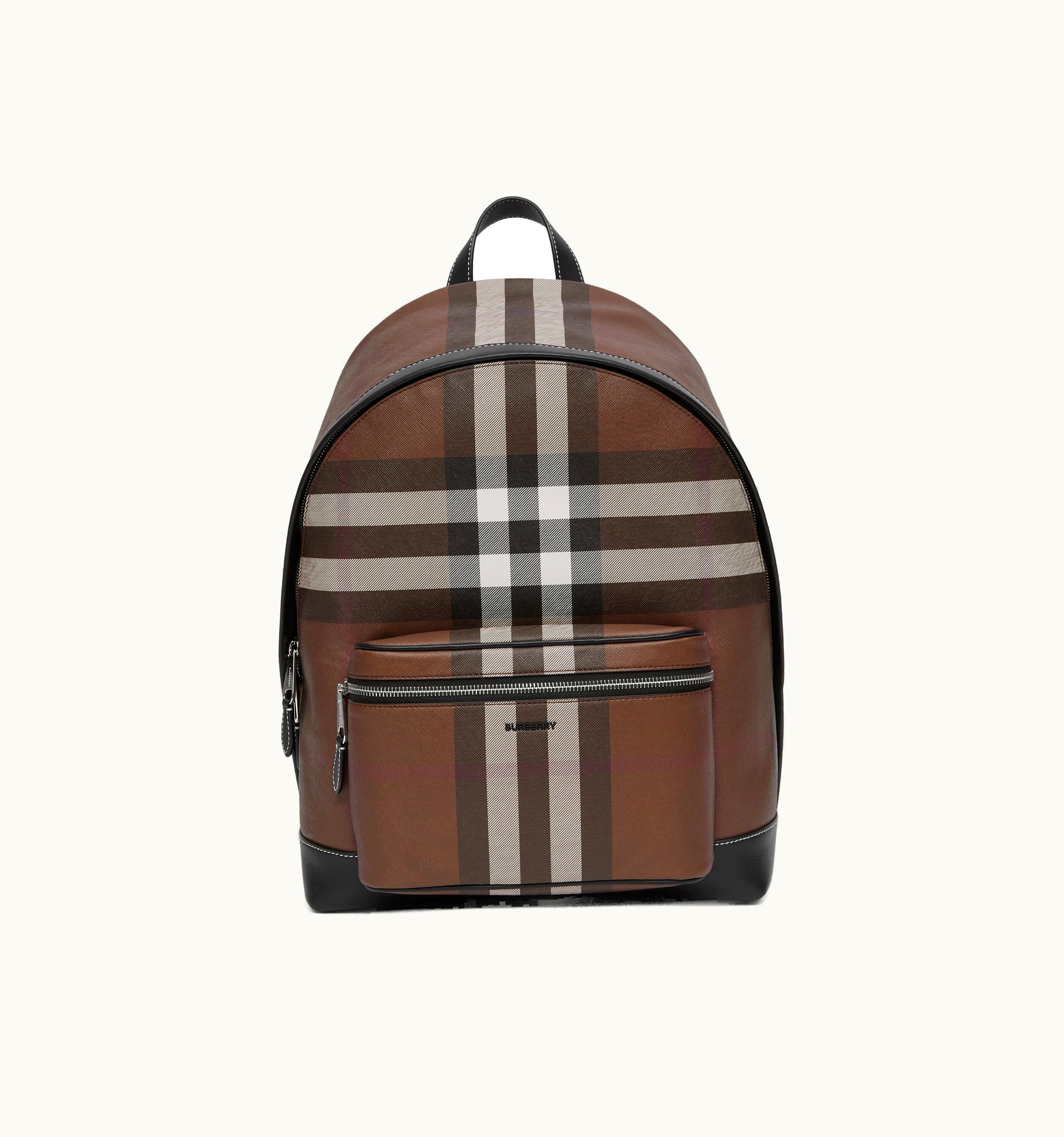 Burberry Exaggerated Check And Leather Backpack In Dark Birch Brown