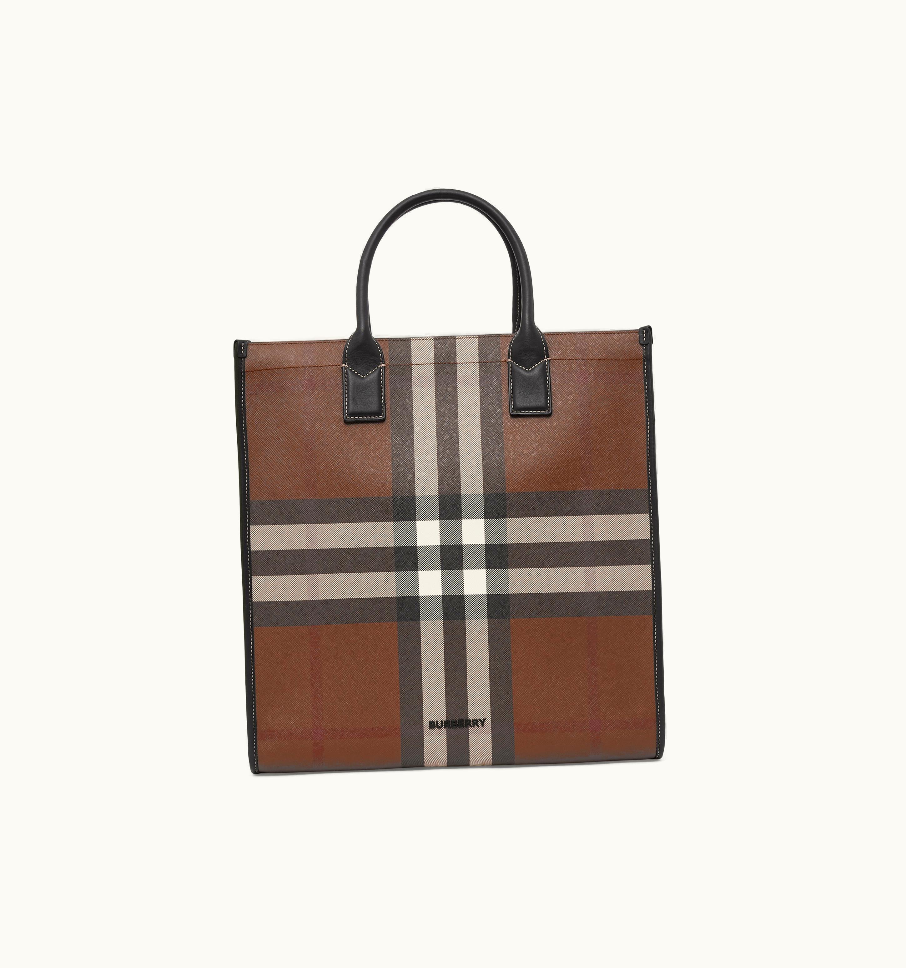 Burberry Check And Leather Tote In Dark Birch Brown
