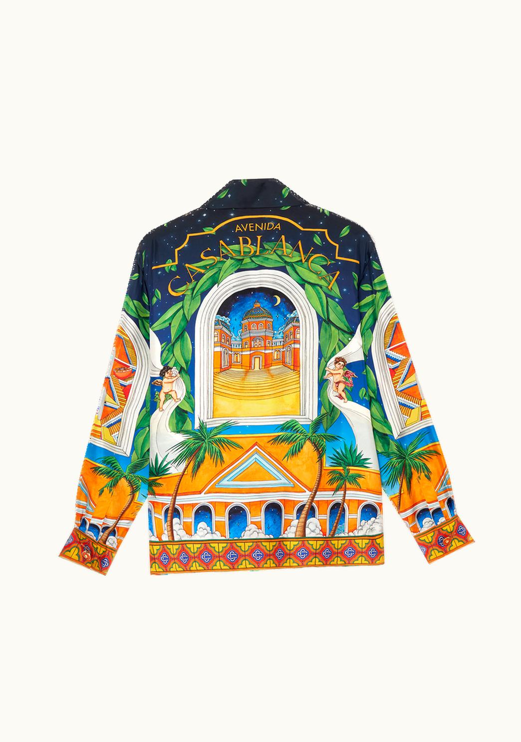 Casablanca Maison D'Ete Men's Silk Long Sleeve Shirt in Seasonal Shades of Orange, Yellow, and Green