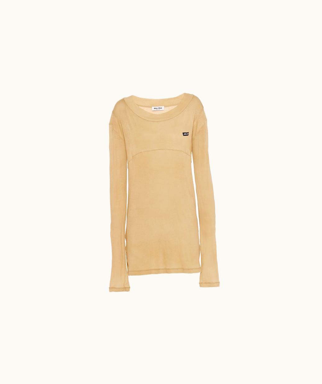 Miu Miu Miu Miu Garment-Dyed Long-Sleeved Ribbed Knit Jersey T-Shirt