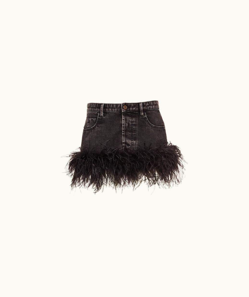 Miu Miu Miu Miu Denim Miniskirt With Feathers