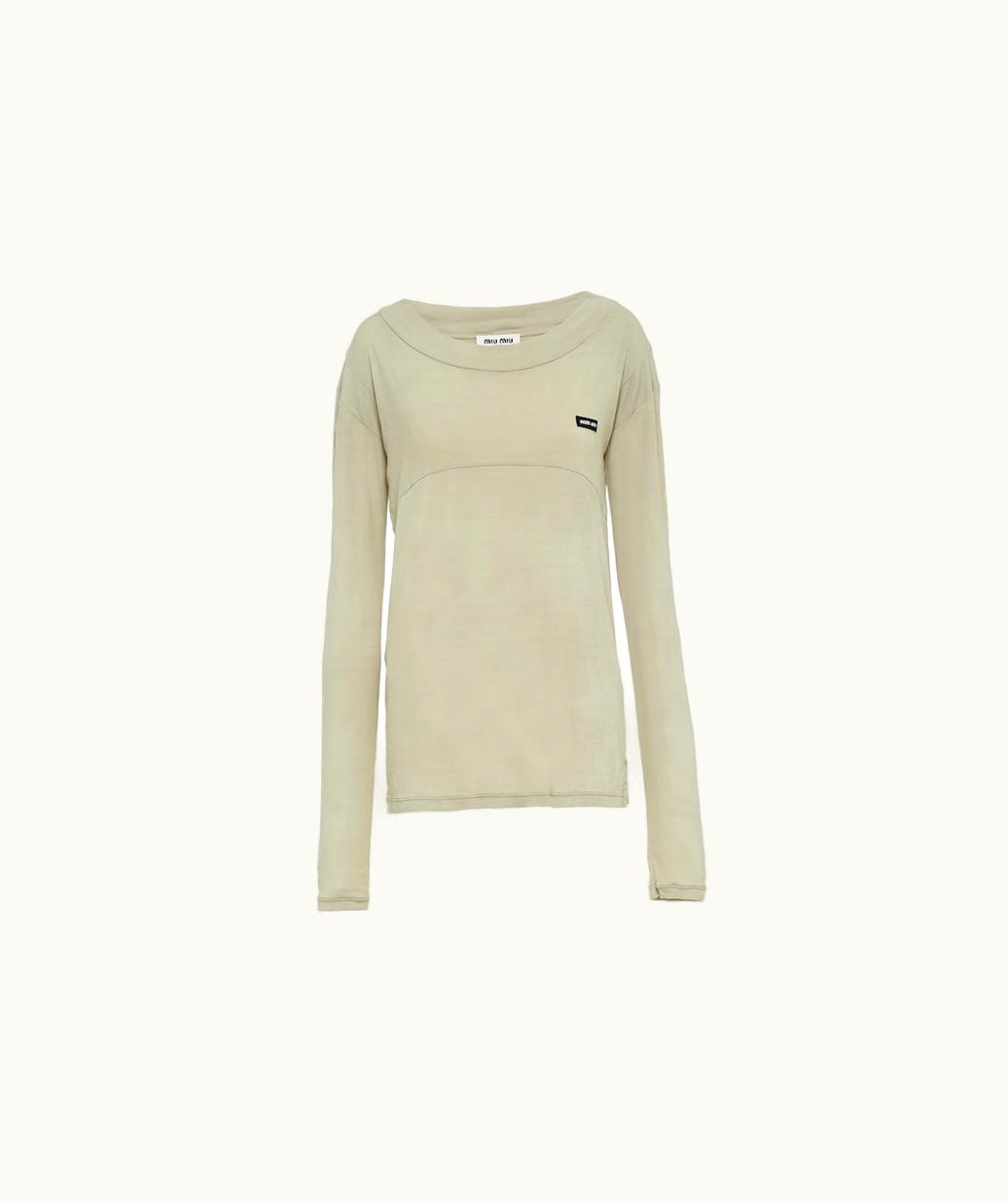 Miu Miu Miu Miu Long-Sleeved Garment-Dyed Ribbed Knit Jersey T-Shirt